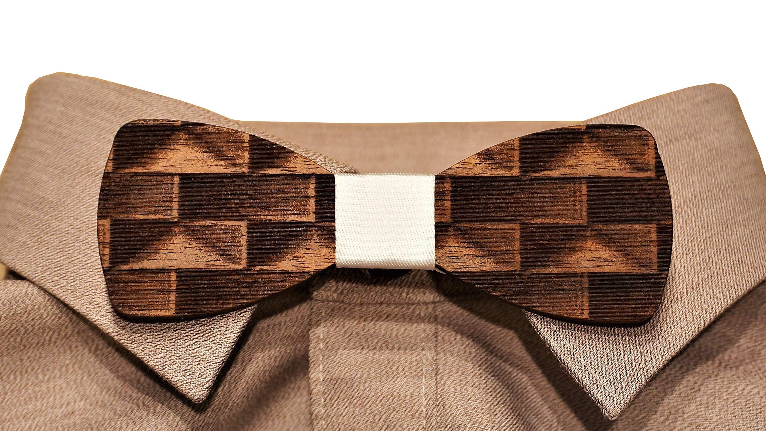 Holzfliege Männer weiß graviert Herren-Fliege mit elegantem Stoffband handgefertigt Shabby Chic Querbinder Bräutigam Accessoires