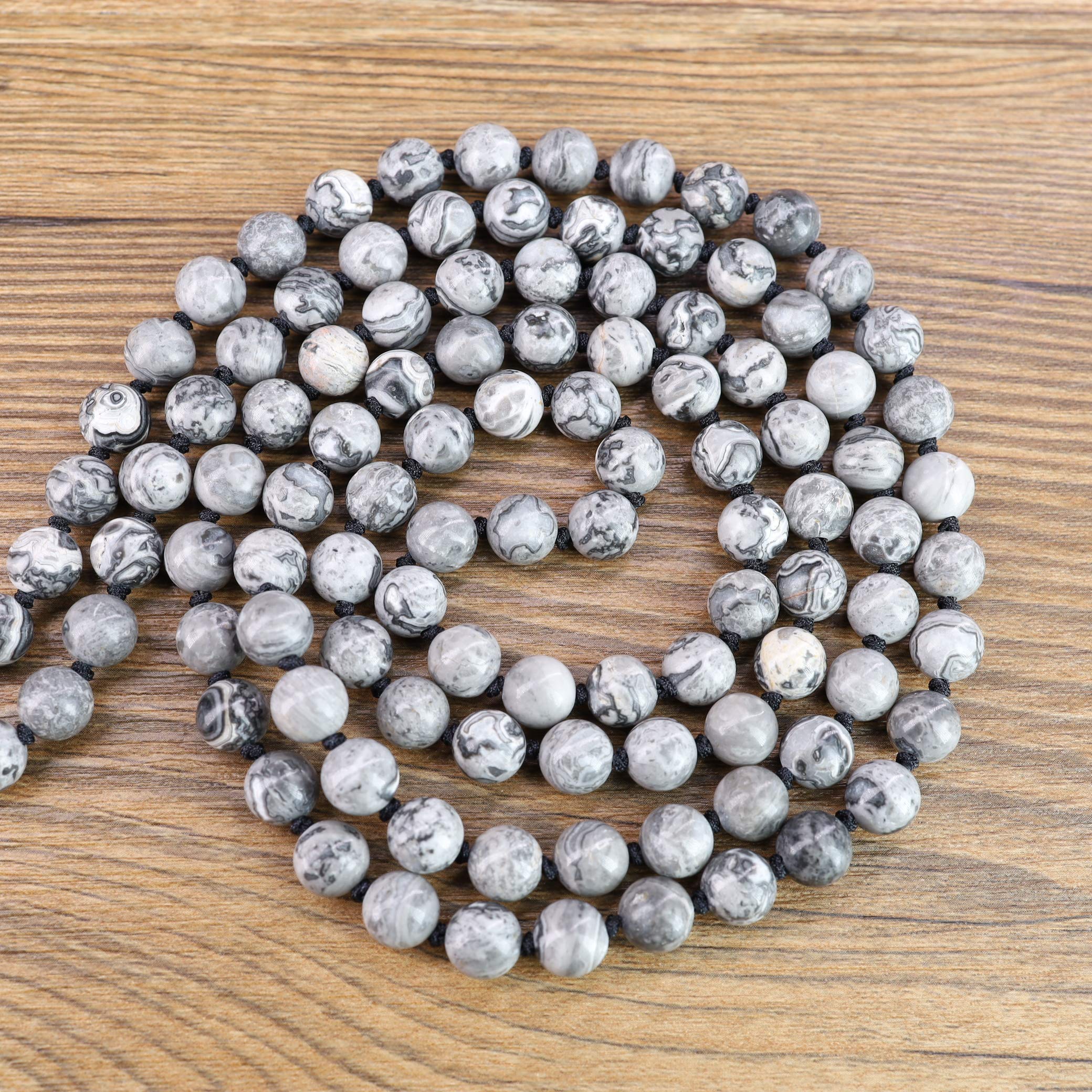 COAI Geschenkideen Unisex Handgeknüpft 108 Mala Yoga Kette Buddhistische Halskette Gebetskette aus 8mm Map Jasper Karte Jaspis mit Quaste und OM Anhänger