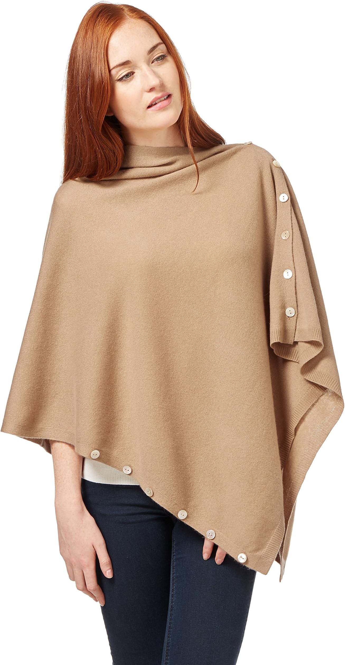 WoolOvers Womens Cashmere Merino Button Knitted Wool Oversized Poncho Blanket Shawl Wrap One Size Camel, 1size