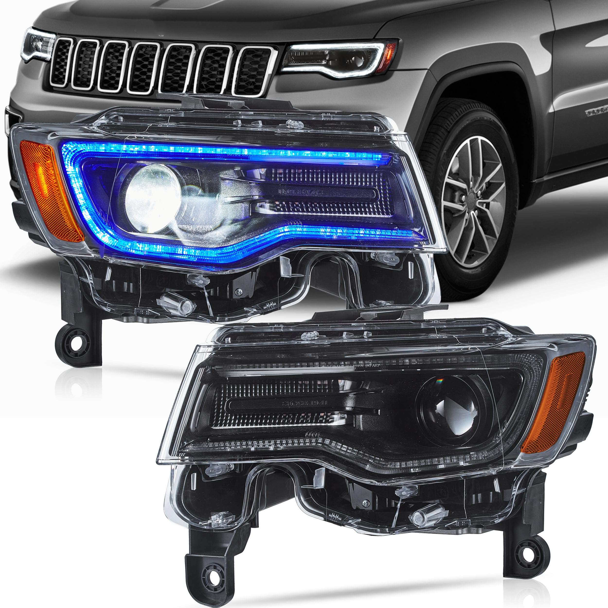 VLAND LED Car Lighting Headlights Fit for 2014-2022 Grand Cherokee, Headlamp with Blue Dynamic Startup DRL and Sequential Turn Signal