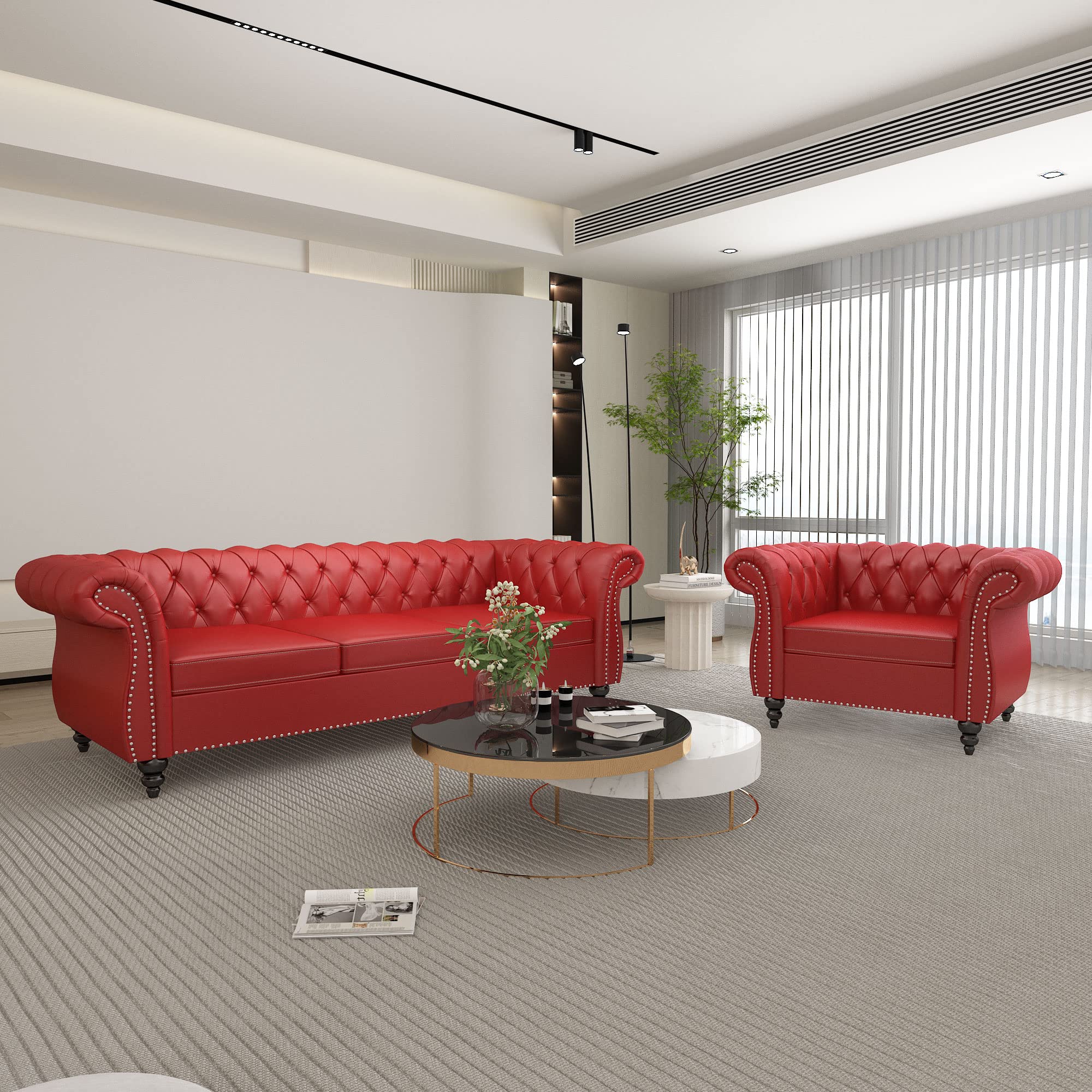 ORRD 2 Piece Living Room Set, Chesterfield Leather Sofa Loveseat Couch Chair with Scroll Arms and Nailhead for Living Room, Office (Burgundy)