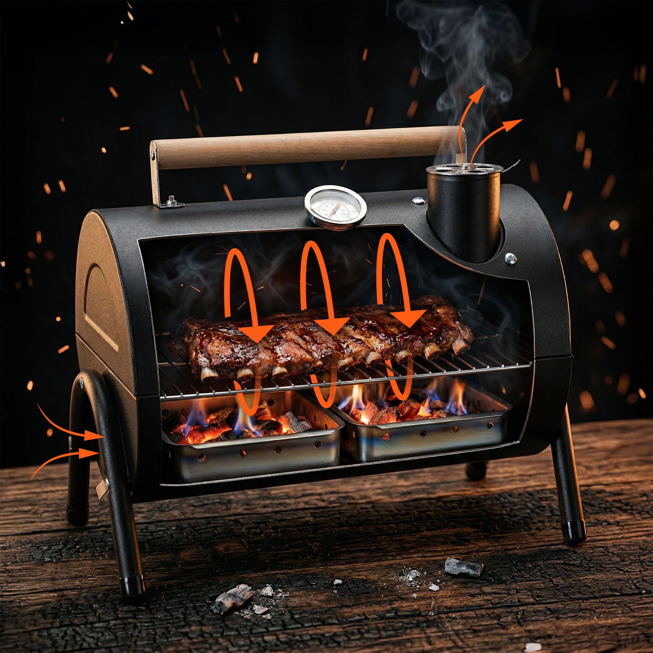 Relaxdays Grill da Campeggio, 2 vaschette Carbone, termometro, sfiato, Nero | 35 x 41 x 29 cm, grill da tavolo portatile