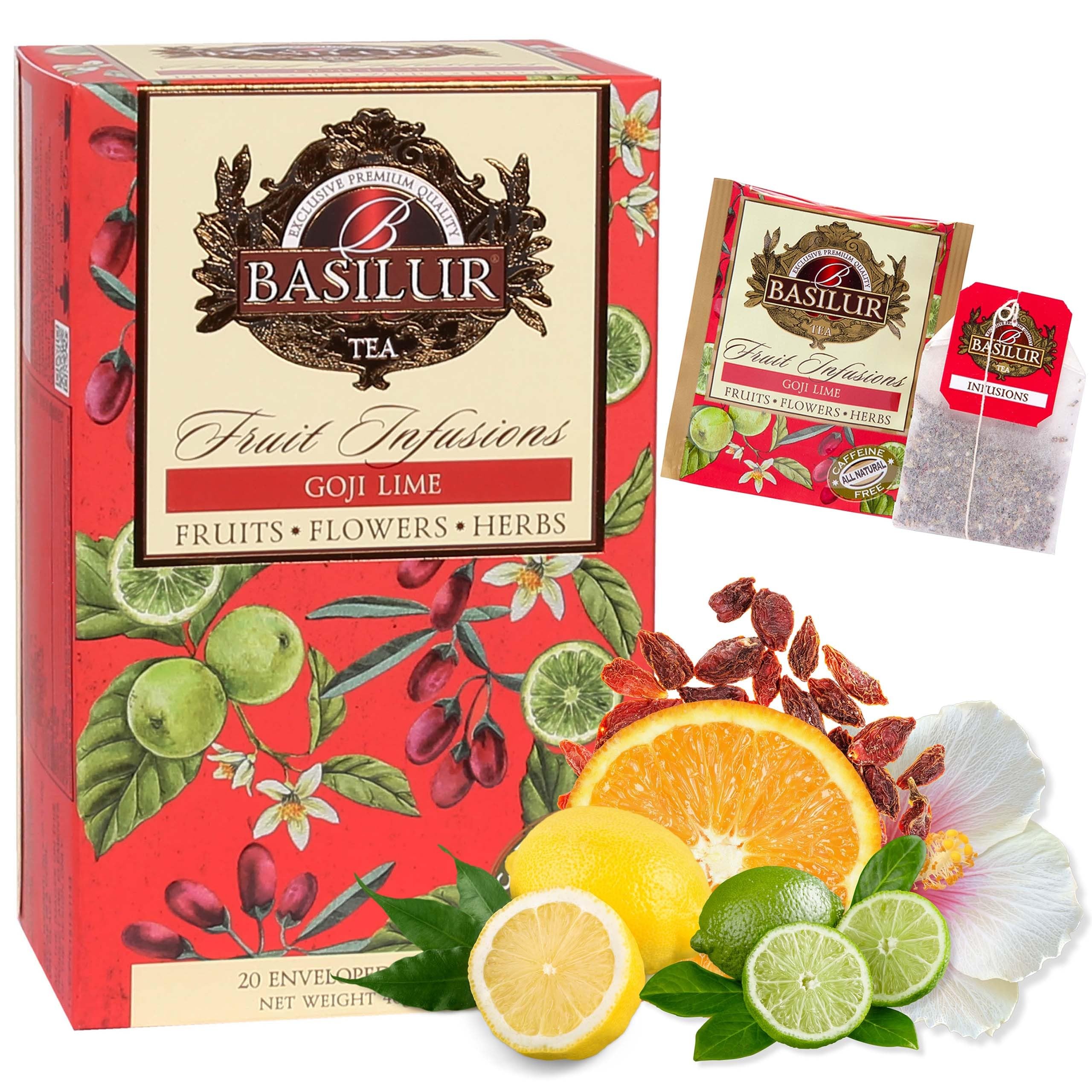 BASILUR Infusiones de Frutas - Té de frutas descafeinado con sabores naturales de goji, lima y cítricos, en bolsitas 20 x 2 g (12)