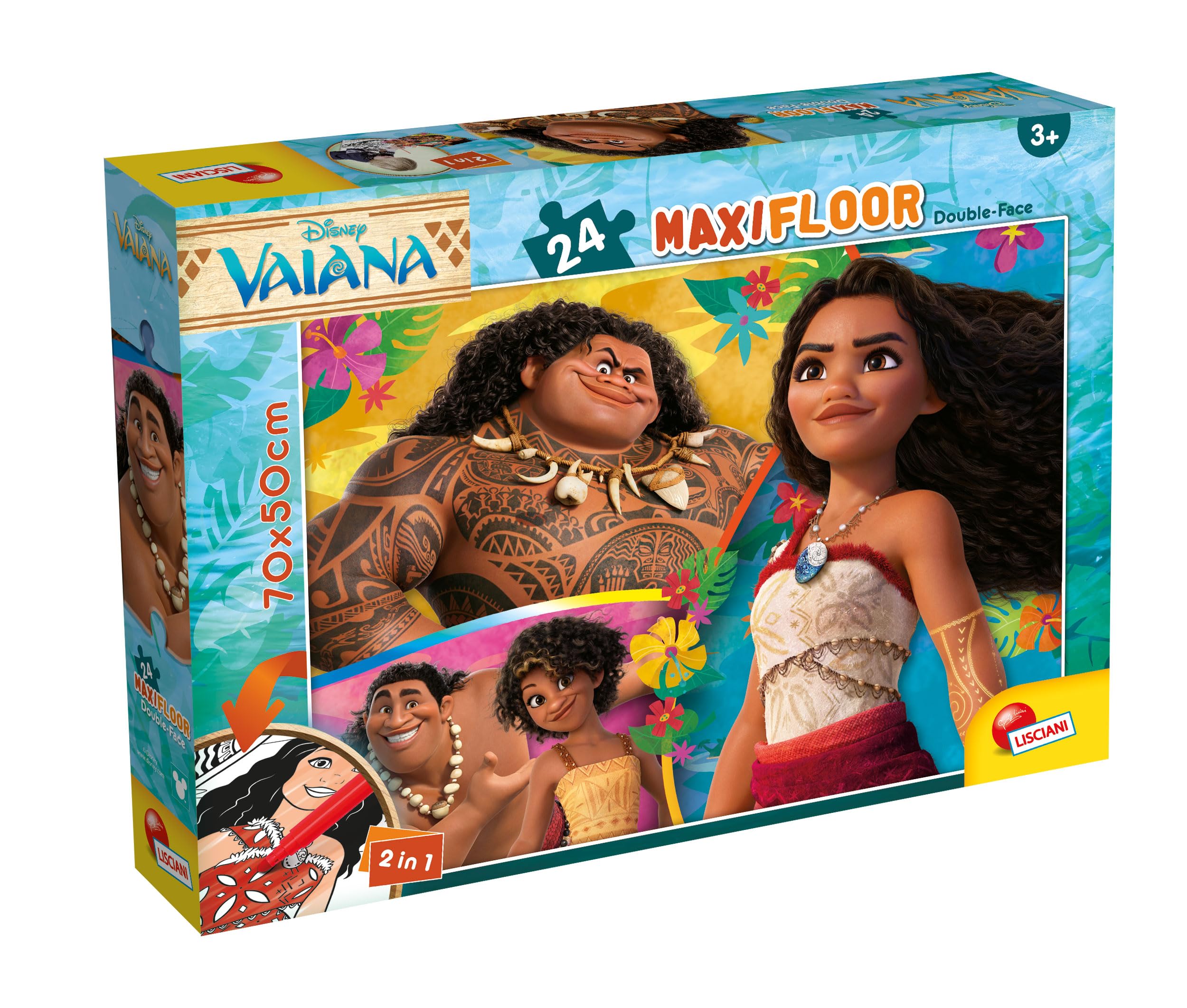 Lisciani - Disney Vaiana Oceania 2 - Puzzle 24 Pieces for Children 2+ - Maxi Floor Puzzle 70 x 50 cm - Double-Sided Vaiana and Maui - 2-in-1 Activity with Coloring on the Back