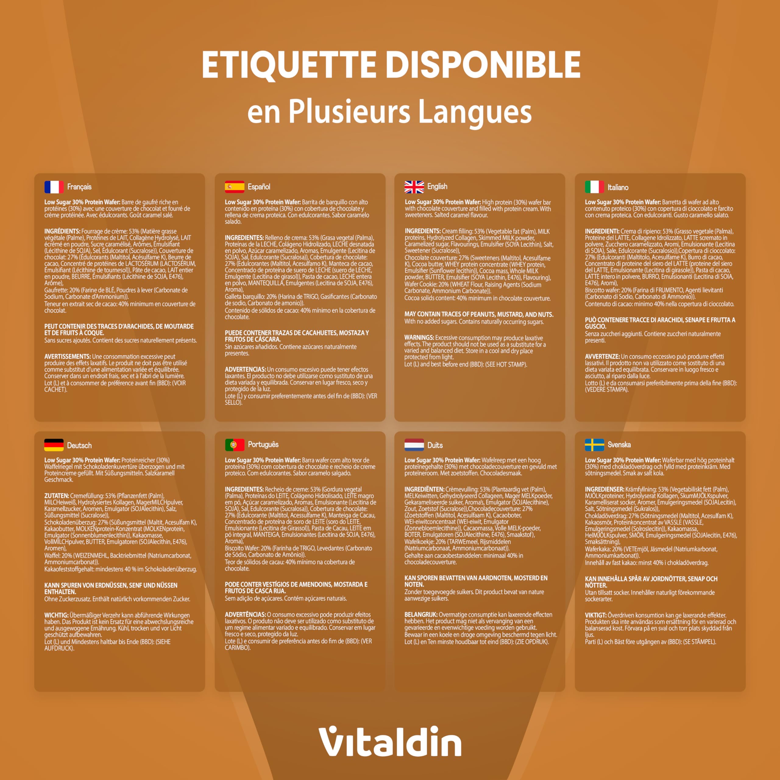VITALDIN Protein Wafer 30% Saveur Caramel Beurre Salé| Riche en protéines | Collagène hydrolysé | Réduit en glucides | Sans sucres ajoutés | Gaufrettes protéinées | Boîte 12 unités (4×3)