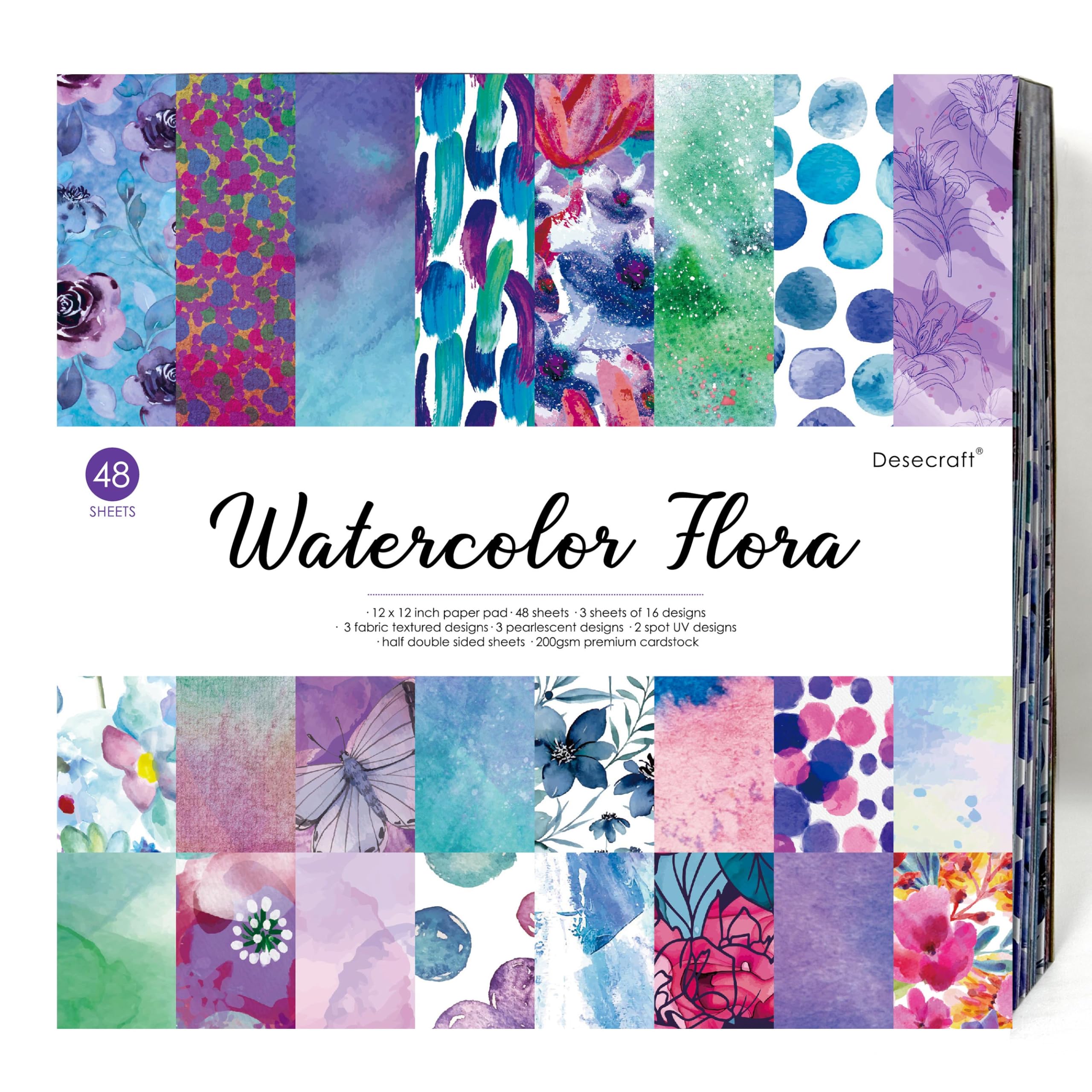 Desecraft 48 sheets 6 X 6.5 Scrapbooking Cardstock Decorative Paper Pack - Watercolor Flora - for Card Making Journaling Planner Origami Scrapbook