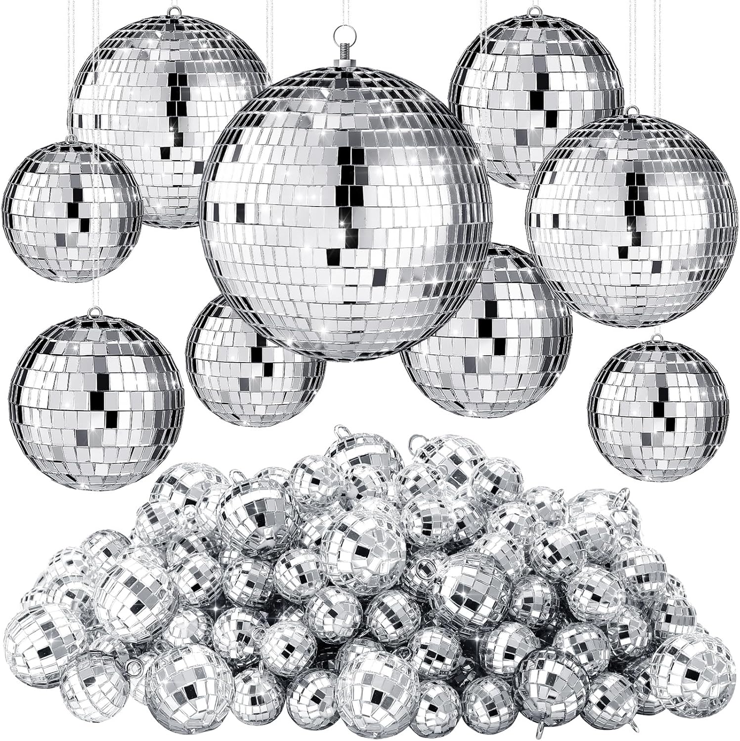 Hoolerry 200 Pcs Mini Mirror Disco Ball Ornaments Mardi Gras Small Silver Hanging Decorations Reflective Tiny Balls Bulk for 70s 80s 90s Disco Themed Party(6'', 4'', 3'', 2.4'', 1.6'', 0.8'')