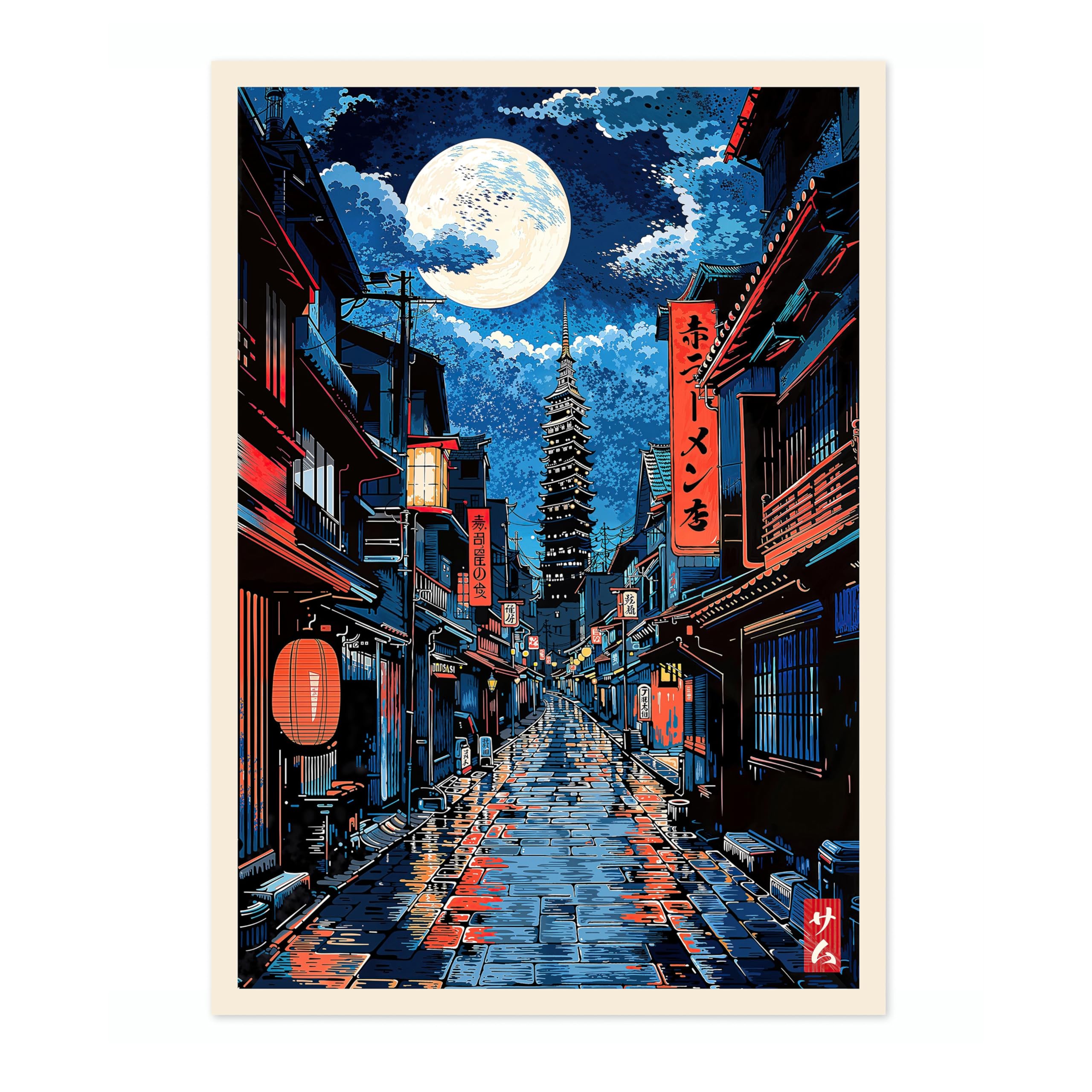 Tokyo Red Light Anime Woodblock Poster Modern Ukiyo-E, Japanese Cartoon Illustration Print, Archival Matte, A4 (Print Only) - 29.7x21cm