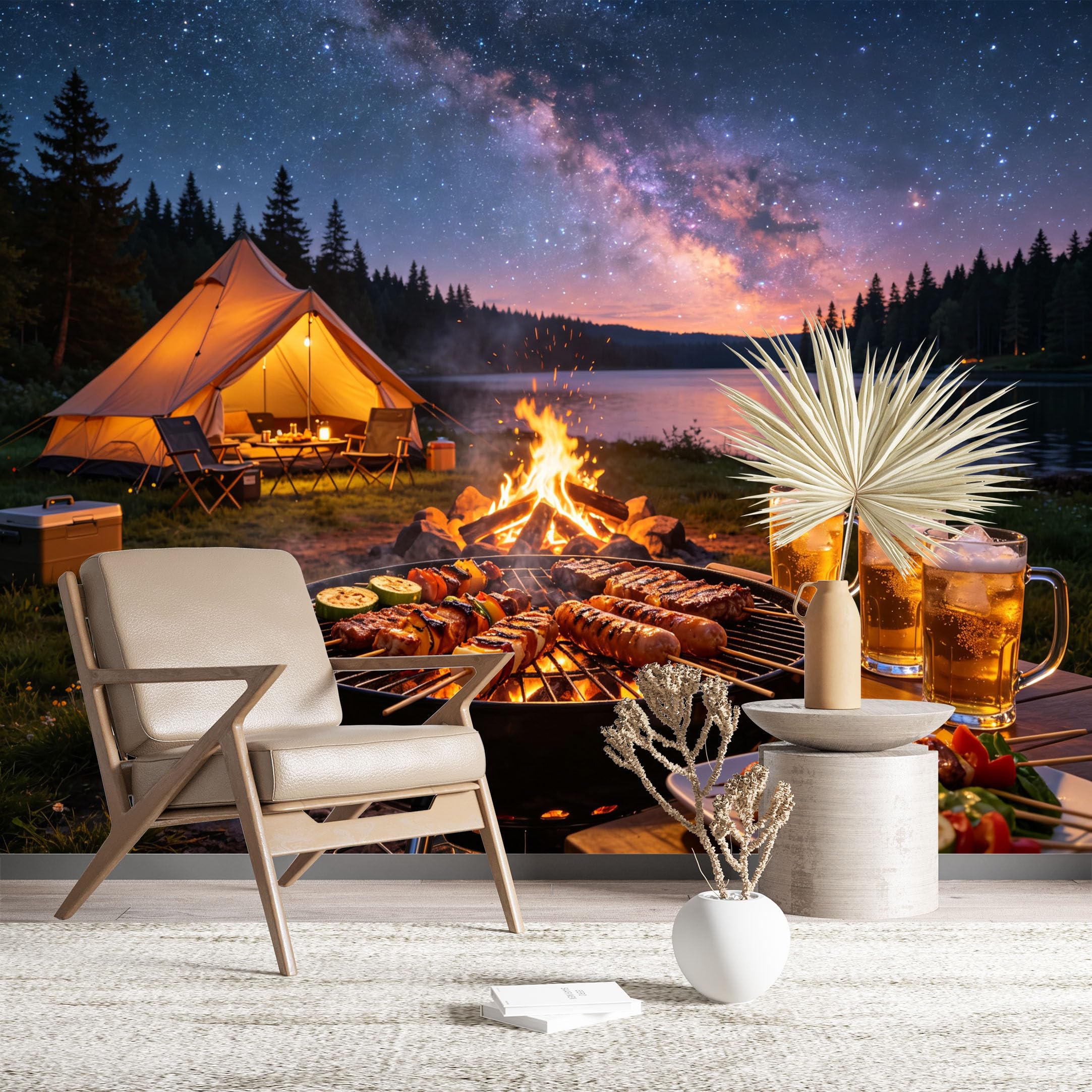 Custom Size Wall Murals Night Camping BBQ Under Starry Sky Wall Stickers Self-Adhesive Wall Fabric (NO PVC) Removable Wallpaper for Outdoor Patio