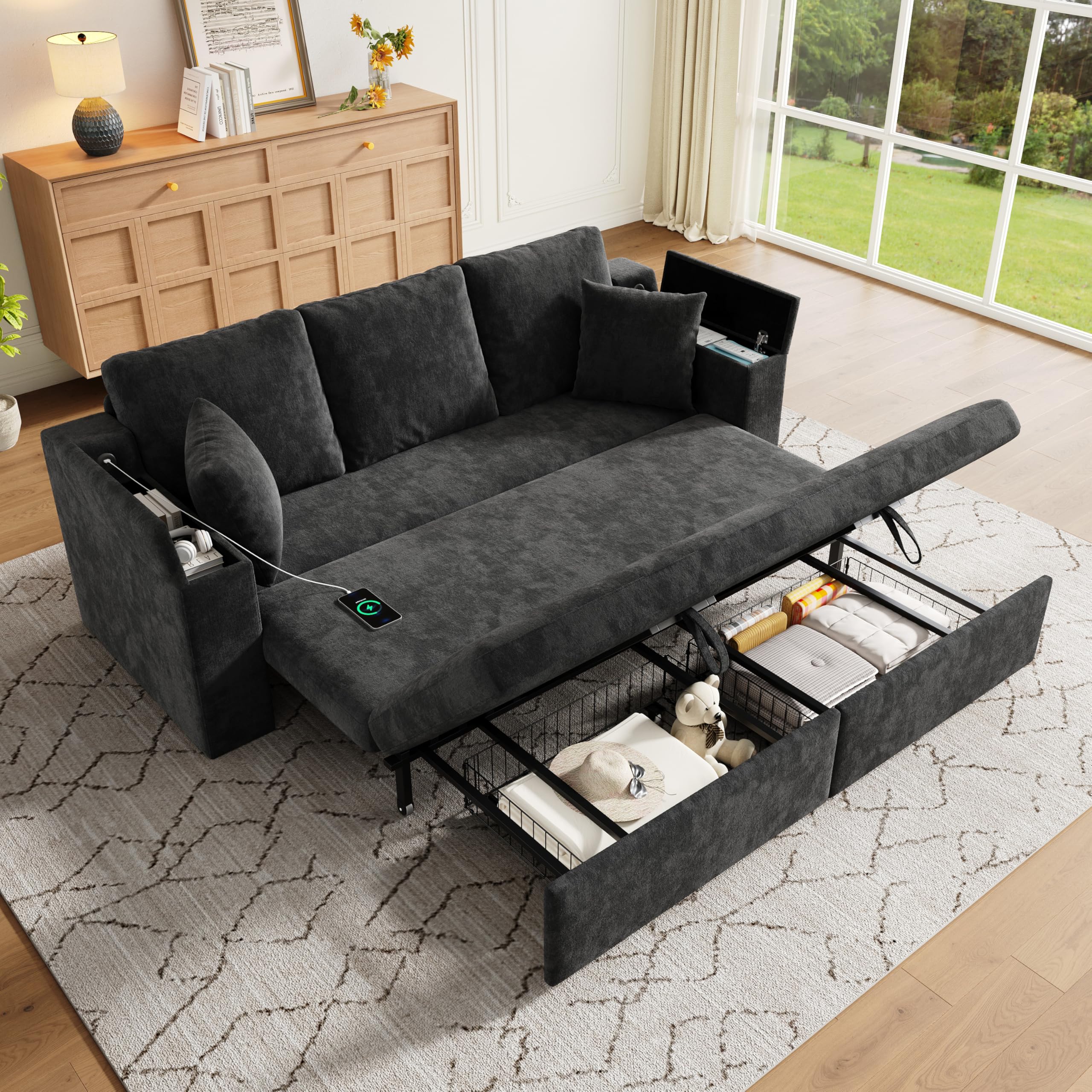 3-in-1 multifunktionales 3-Sitzer Sofa mit Schlaffunktion, ausziehbarem Metallrahmen, Stauraum, Armlehnen-Ablage, Grau.