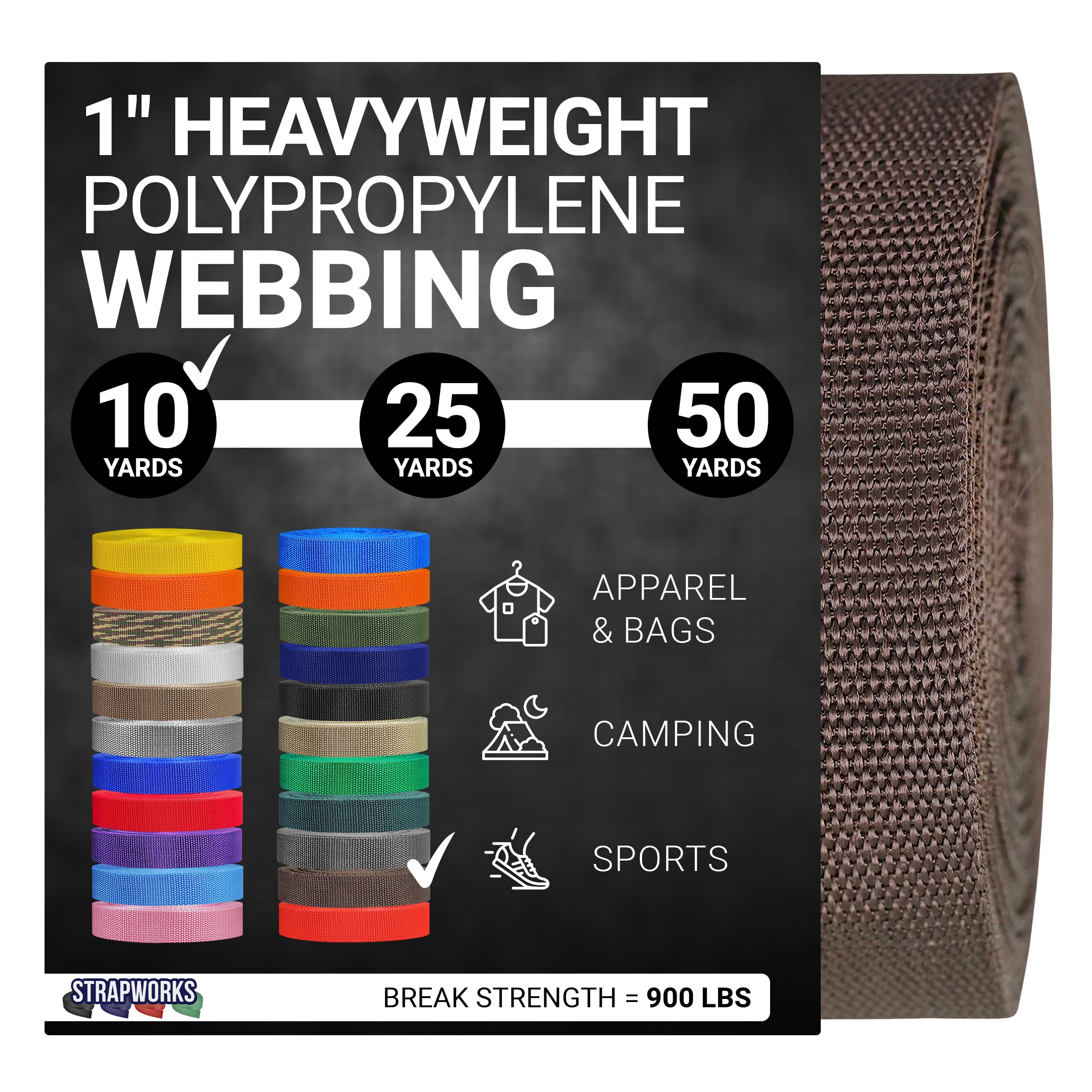 Strapworks Heavyweight Polypropylene Webbing - Heavy Duty Poly Strapping for Outdoor DIY Gear Repair, 1 Inch x 10 Yards - Brown