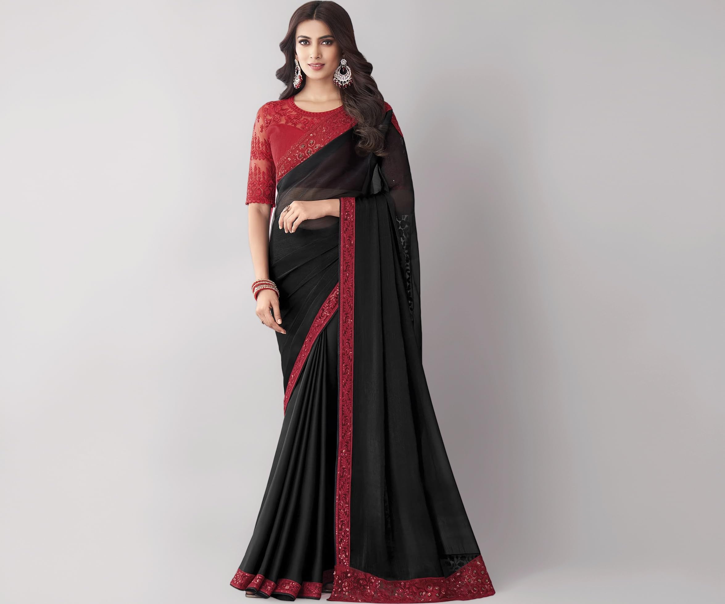 AKHILAM Women's And Girls Embroidery Lace & Sequence Embroidery Chiffon Saree With Unstitched Blouse Piece