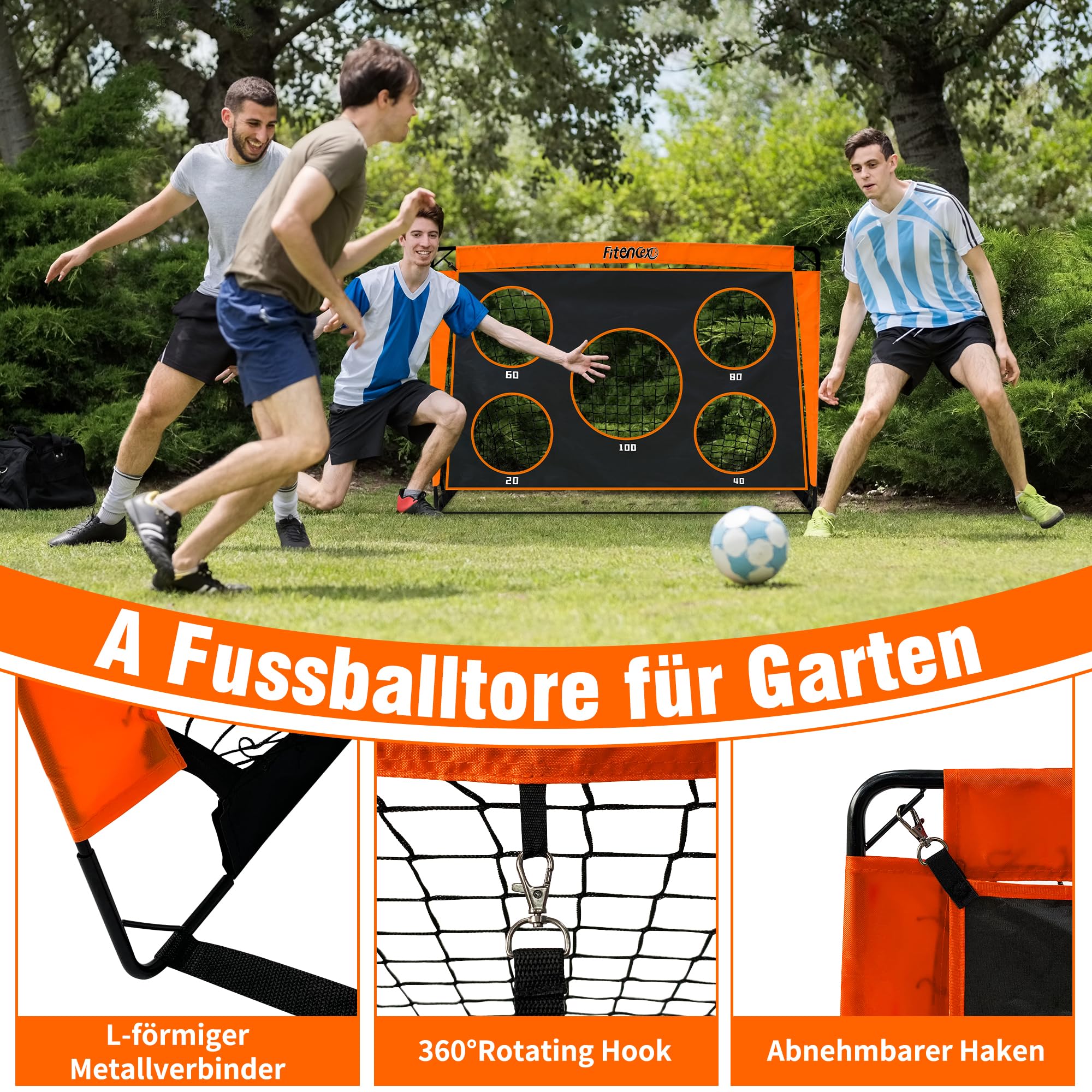 Juego de portería de fútbol infantil con 5 agujeros de tiro y 3 dianas – Portería de fútbol plegable de 120 x 90 cm + 6 obstáculos de entrenamiento para jardín/exterior, incluye bolsa de