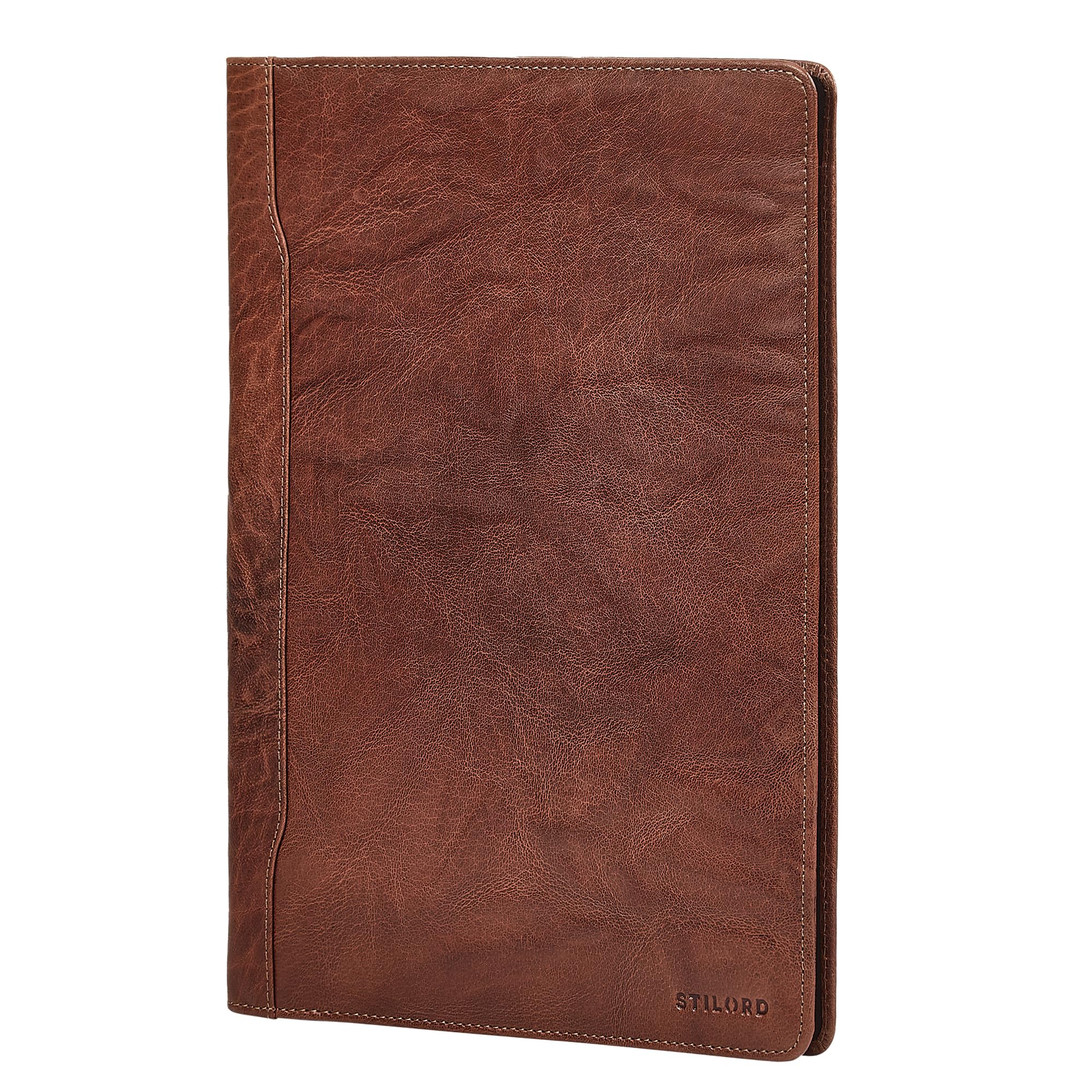 STILORD Kaden Carpeta de Cuero A4 Vintage Portadocumentos Grande de Piel Auténtica para Reuniones y Oficina con 2 Ranuras para Tarjetas y 4 Porta Bolígrafos Color:Brandy - marrón