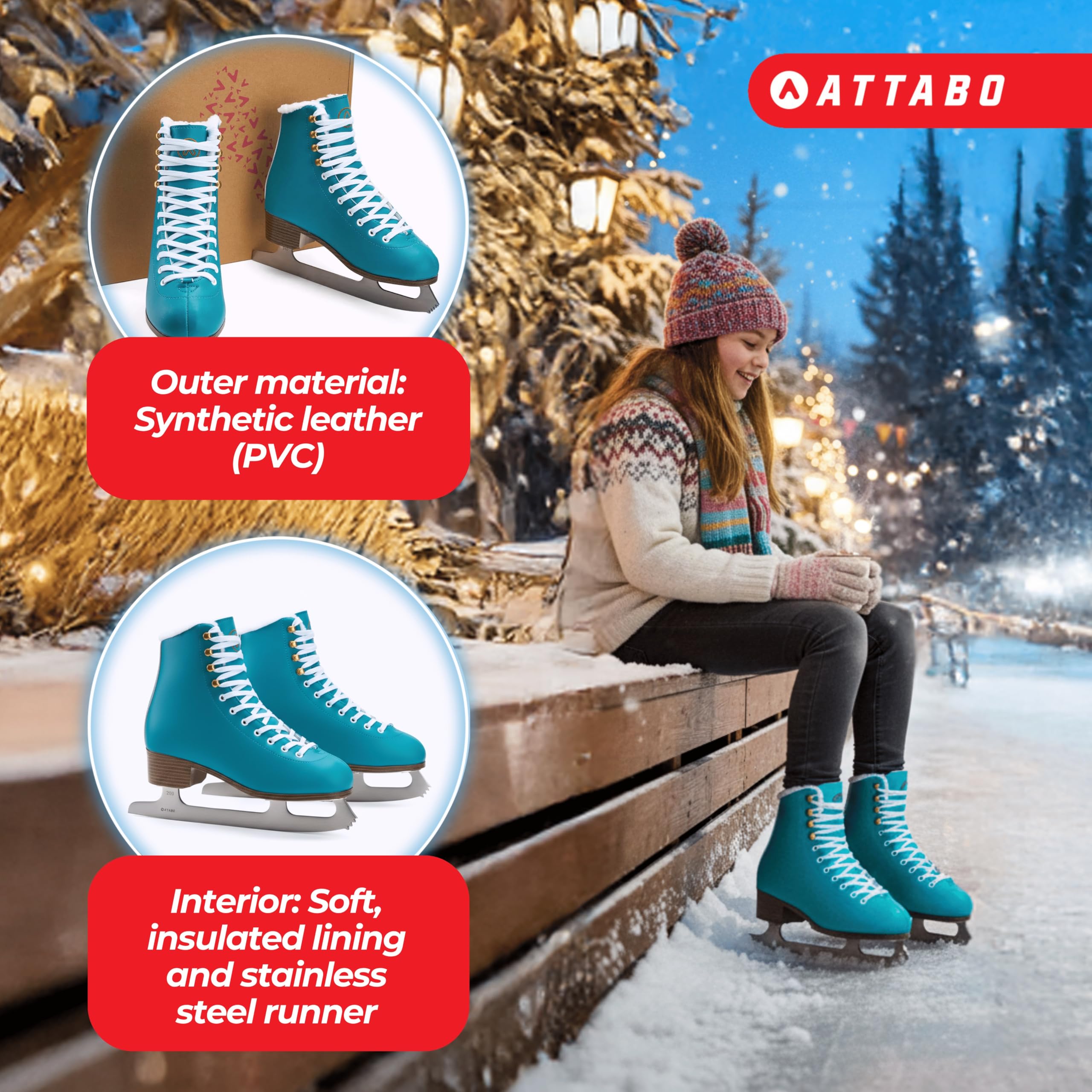 ATTABO ISLA Patins à glace artistiques pour enfants | Dessus en plastique PVC | Support de cheville renforcé | Patins en acier inoxydable | Design classique pour les jeunes patineurs (31)