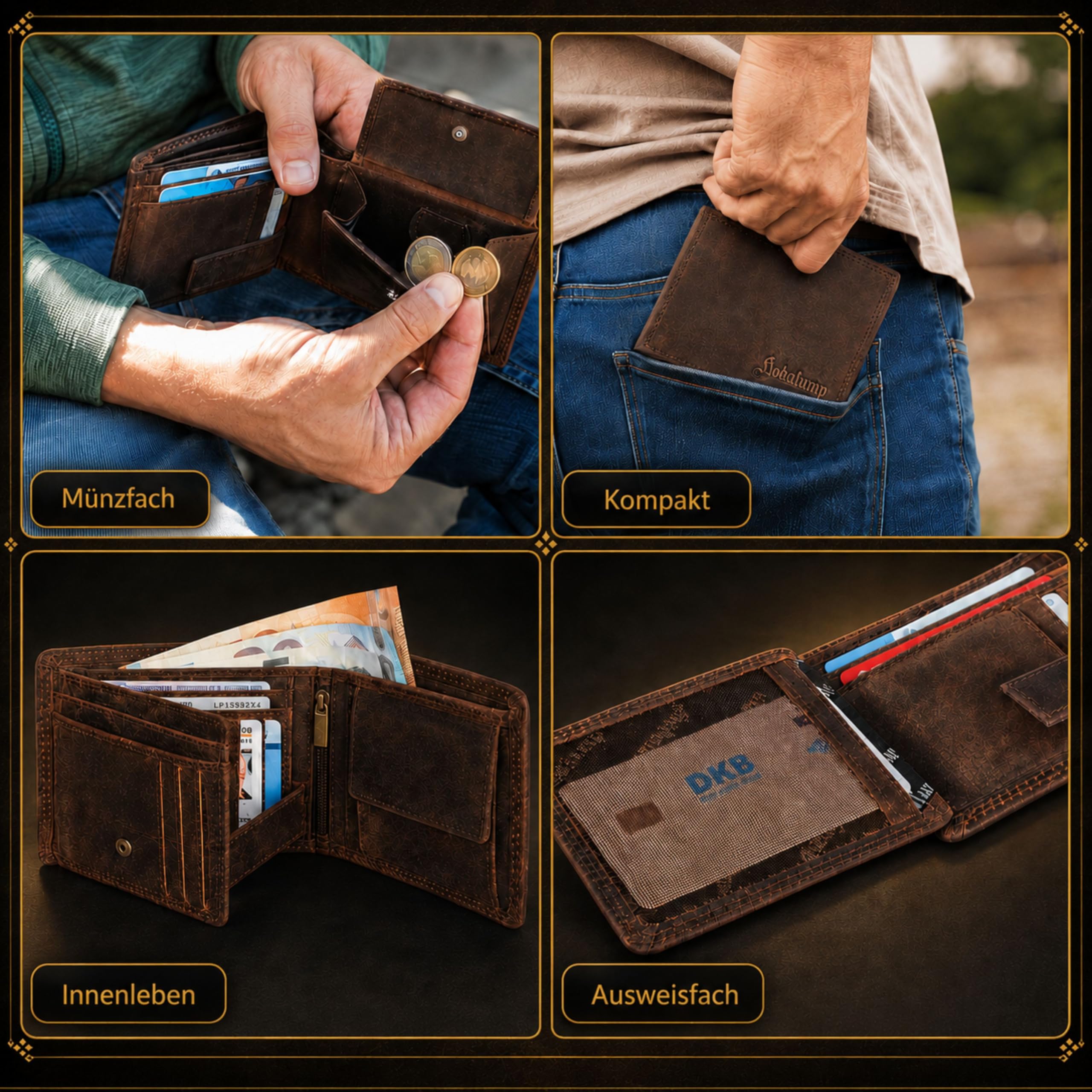 hodalump - Premium Echt-Leder Geldbörse mit RFID-Schutz & Münzfach - Geldbeutel für Damen & Herren - Portmonee aus Büffelleder - Klassische Männer Brieftasche - Ledergeldbörse aus Echtleder in Braun