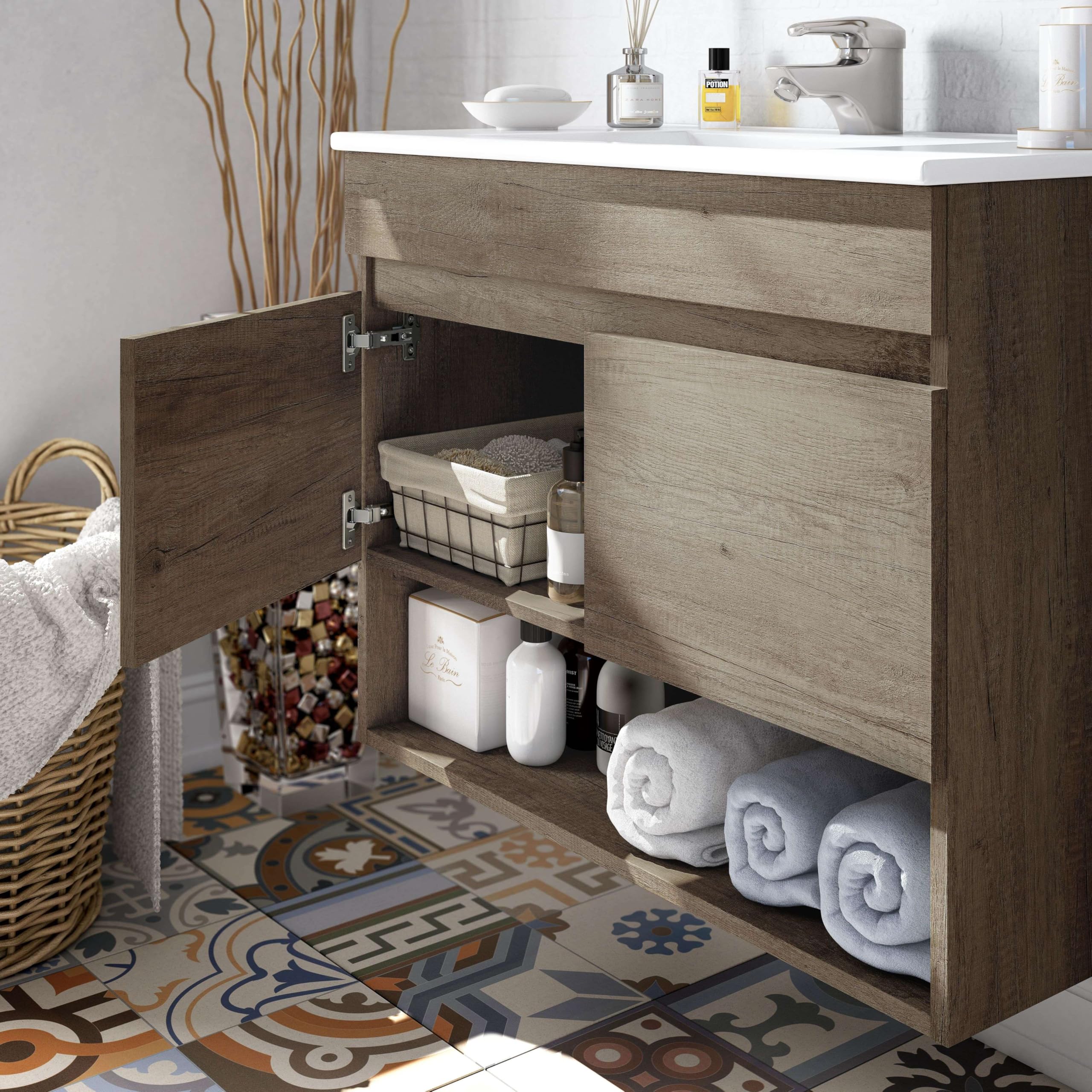 Miroytengo Mueble de Baño Estilo Natural en Color Roble Nordik con 1 Hueco de Almacenamiento y 2 Puertas 80x64x45 cm (Sin Lavabo)