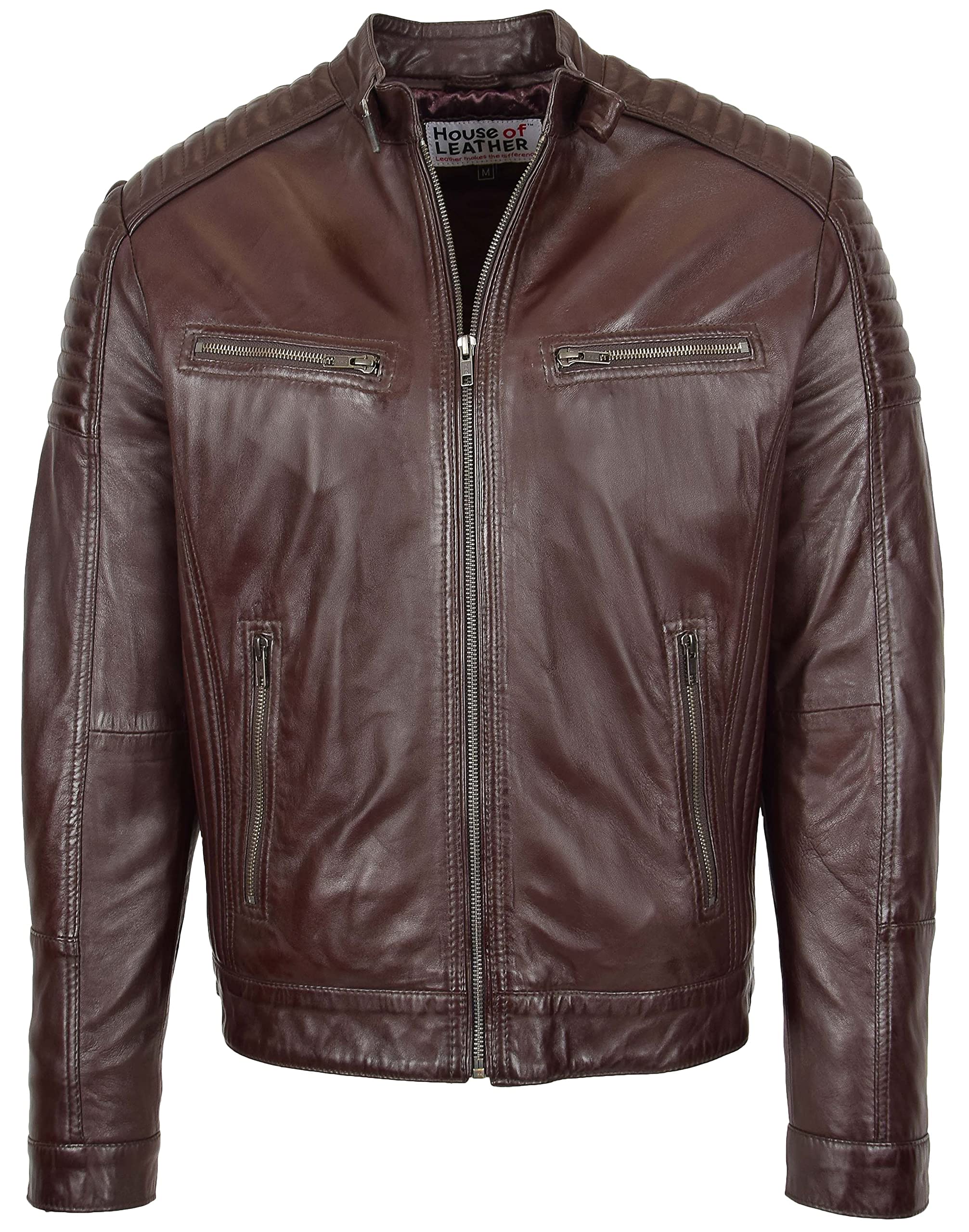 House Of Leather Men's Brown Real Leather Biker Jacket Cafe Racer Style Ron (Xl, )