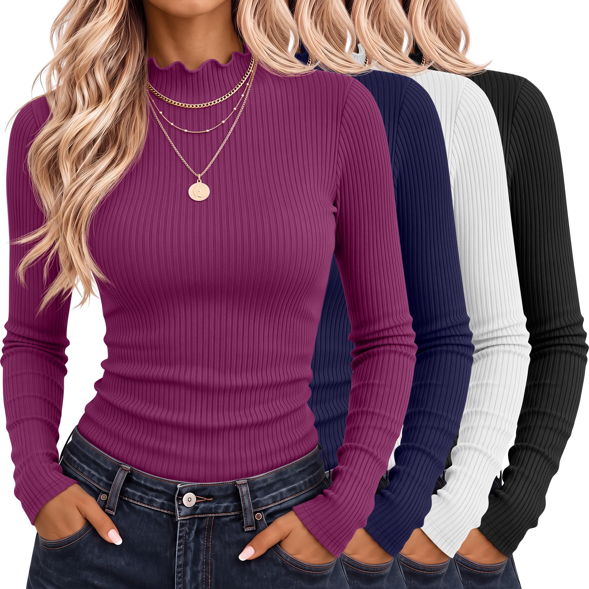 Riyiper 4 Pack Womens Cotton Mockneck Ribbed Long Sleeve Tops