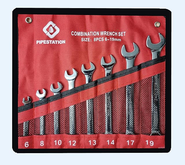 Pipestation Spanner Sets | 8 Piece Combination Spanner Set | Drop Forged Chrome Plated Open end and Ring end 6mm - 19mm with Spanner Organiser Storage Pouch | Wrench for Bolts Fixing Car Bike