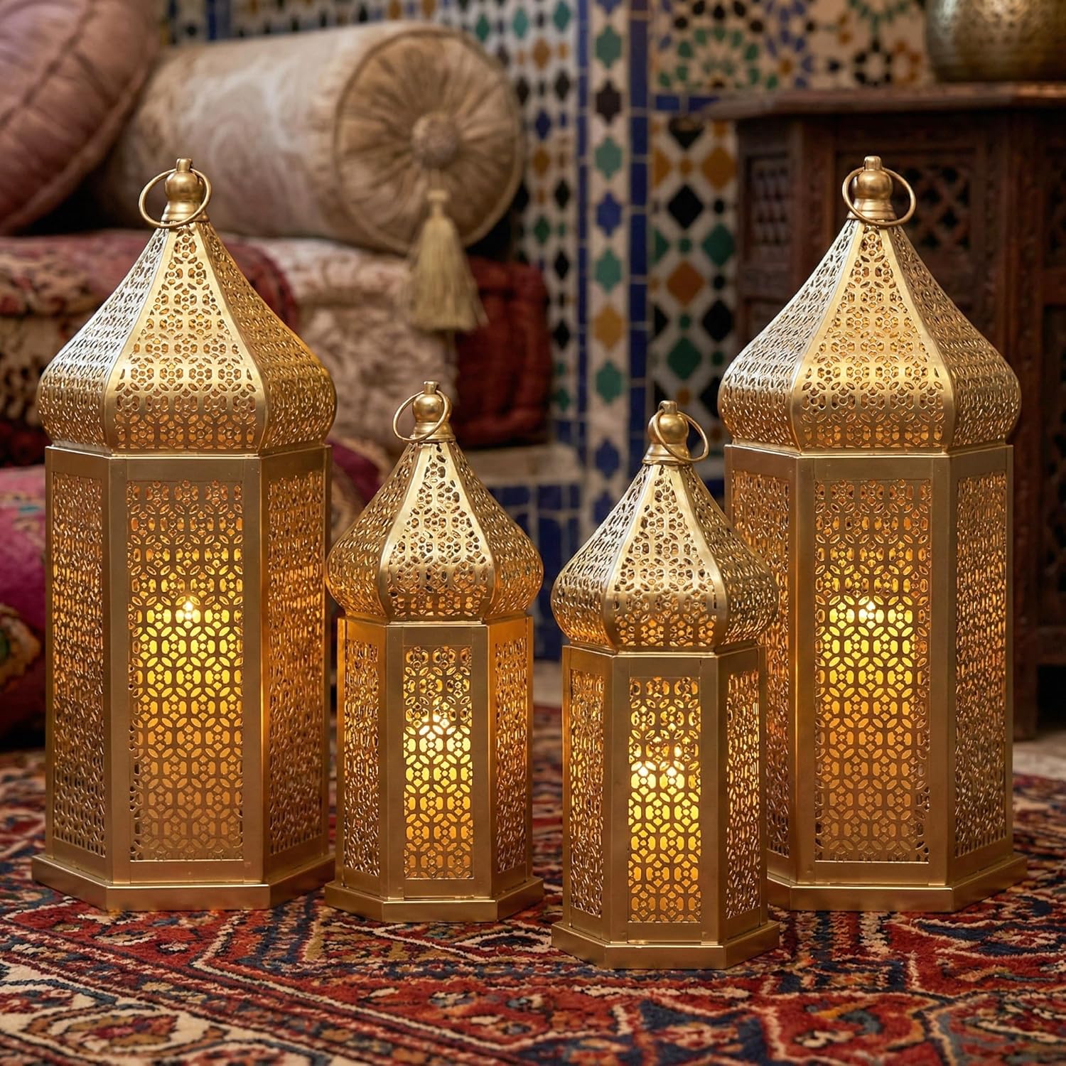 VELA LANTERNS 4ct Golden Tower Temple Moroccan Lantern Lamp Decorative Candle Holders for Ramadan Decorations, Hanging, Outdoor Patio or Porch, Indoor Home Decor, Gold, 2-11" Small, 2-15" Large