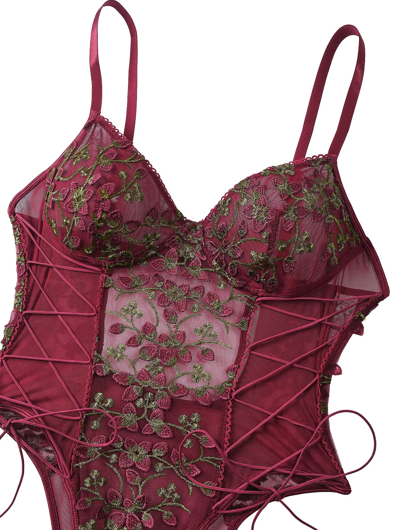 Lilosy Women Sexy Lace Up Floral Embroidered Teddy Lingerie Bodysuit Top Mesh Sheer One Piece: Small Burgundy