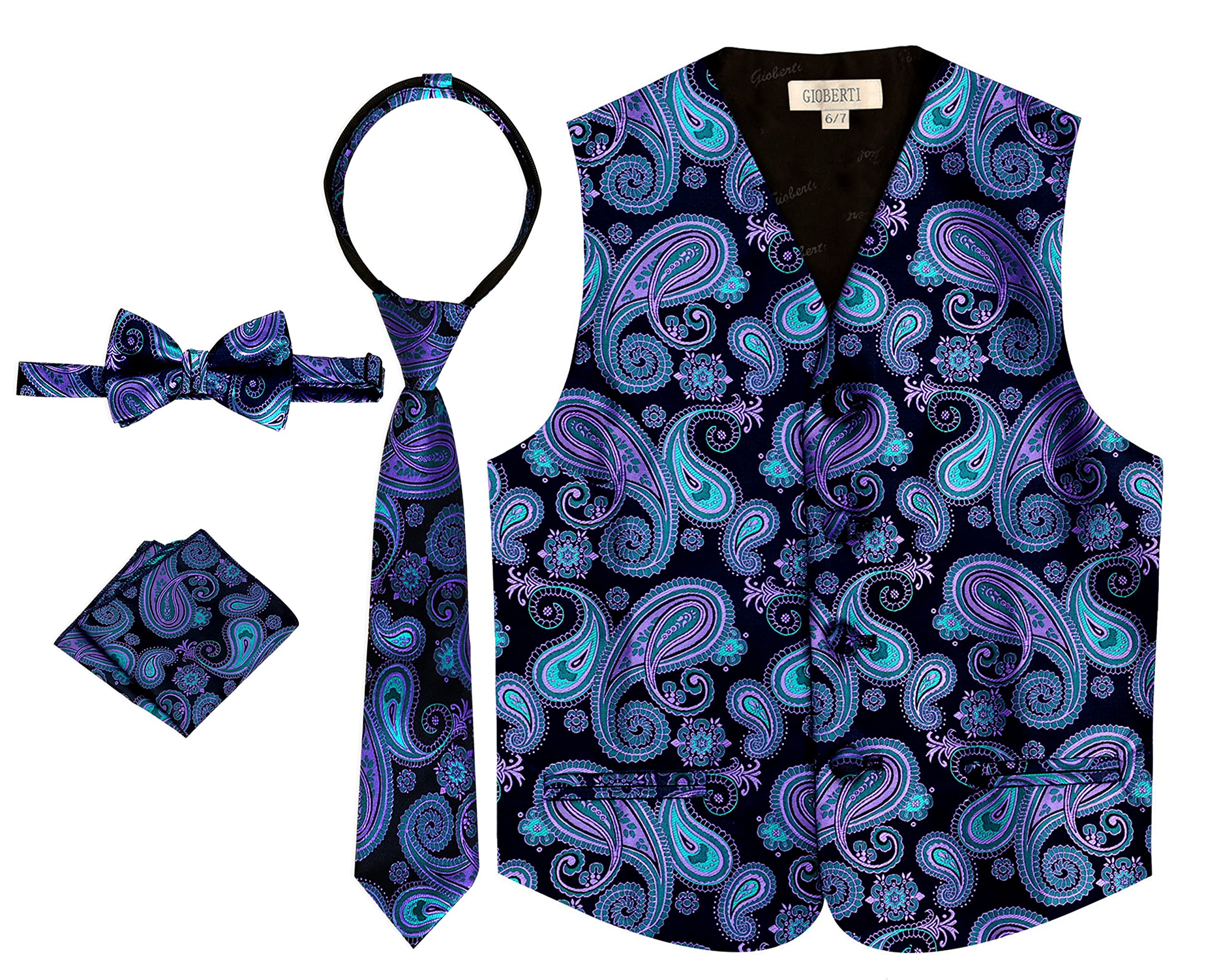 Gioberti Kids and Boys 4pc Paisley Vest Set - Vest, Bowtie, Tie, Pocket Square