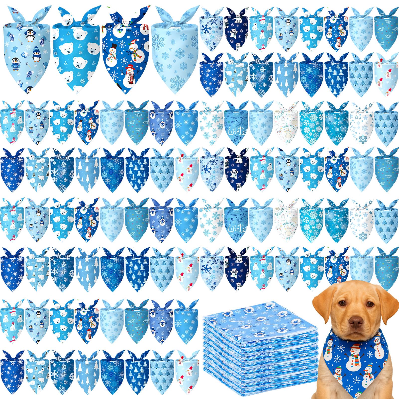 Preboun Lot de 100 bandanas d'hiver pour chien - Flocons de neige bleus - Bandanas triangulaires pour chiens - Écharpe pour costume d'animal de compagnie - Accessoires photo - Accessoires de