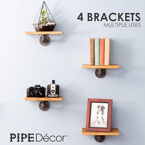 Miniatura 3 de PIPE DECOR Soportes de estante de tubería industrial, 2 pulgadas, paquete de 4  Accesorios flotantes de doble brida montados en la pared, juego de