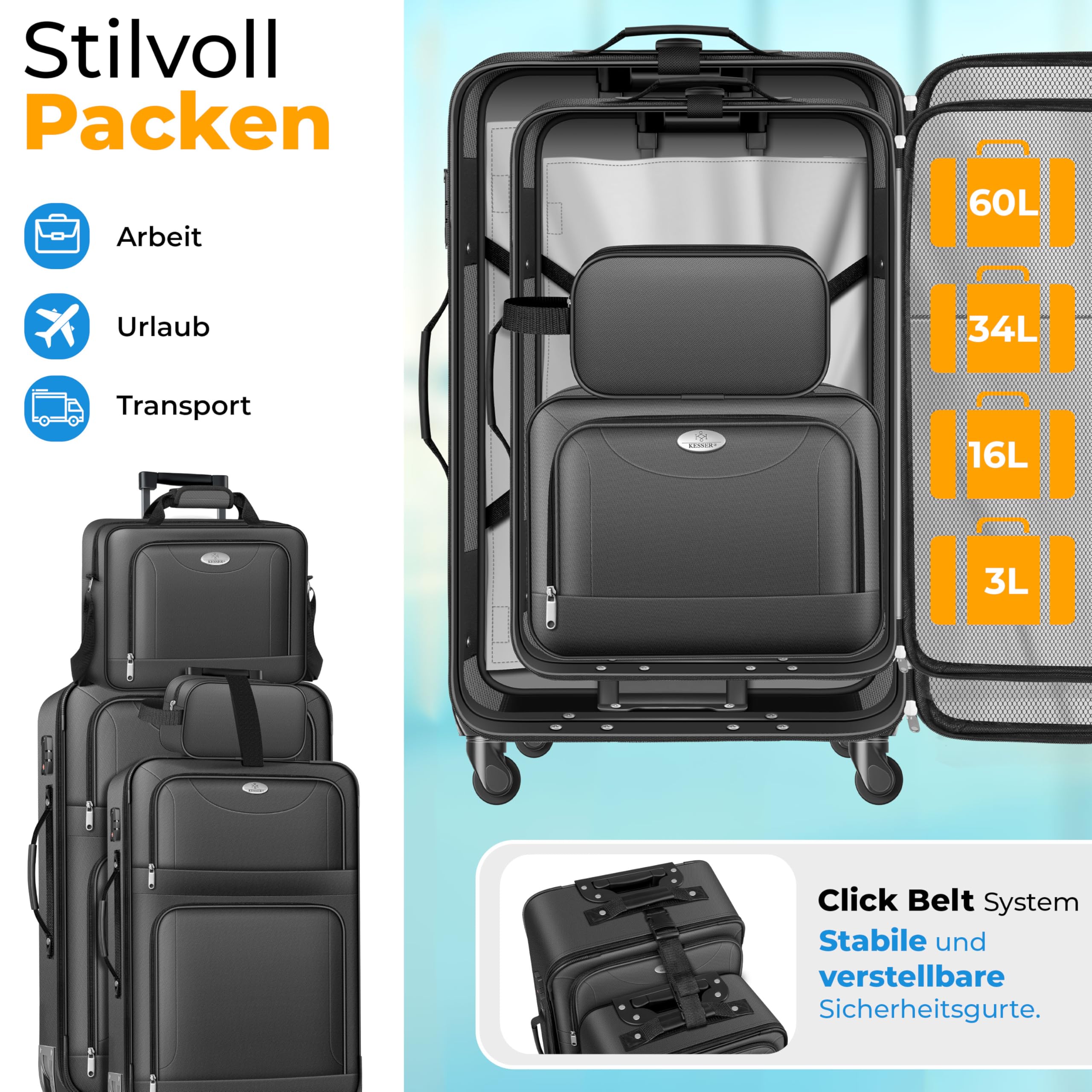 KESSER® Lot de 4 valises de voyage - Sac à roulettes en tissu avec serrure TSA - Roulettes à 360° et poignée télescopique - Sac cosmétique - Valise légère et grande