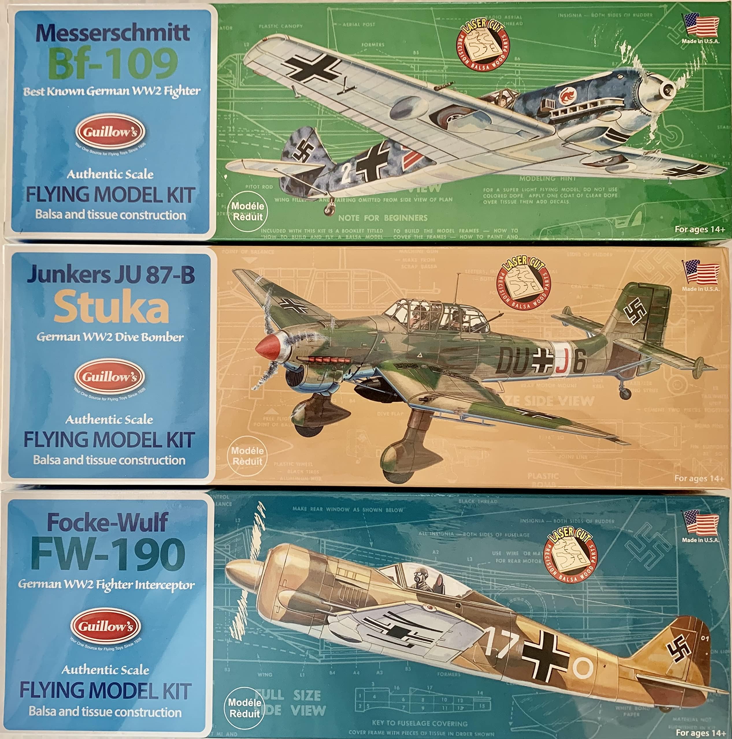 Three Guillow's WWII German Warplanes Balsa Wood Flying Model Airplane Kits