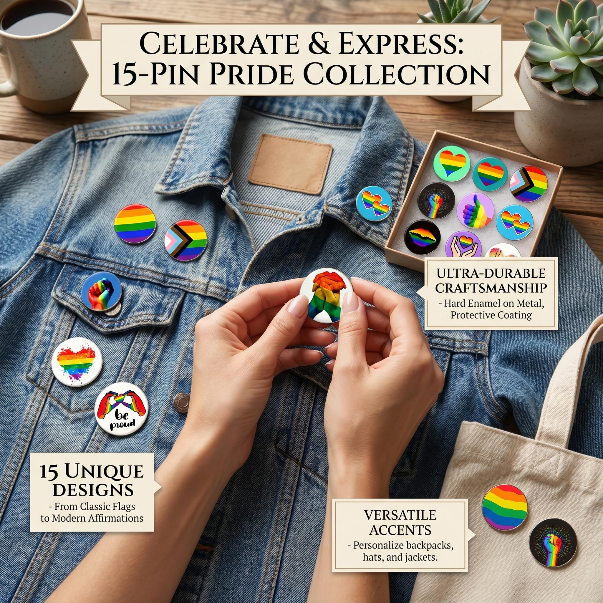 Insignias Orgullo Arcoíris 16 Piezas 44MM, Chapas LGBTQ con Puño Arcoíris, Pines Acero Inoxidable