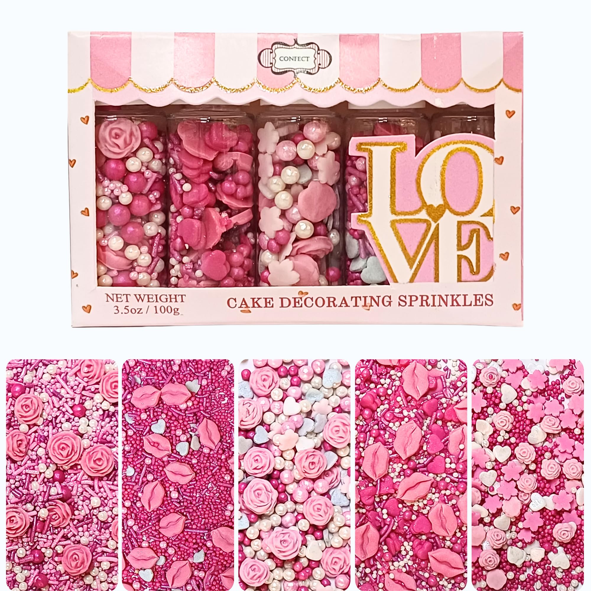 Confect Pink Mini Roses, Silver Hearts, Vermicelli & White Pearls - Vegan, Gluten-Free, Nut-Free, Soy-Free, Dairy-Free Cake & Baking Sprinkles - Perfect for Anniversaries & Special Occasions - 140 Gms