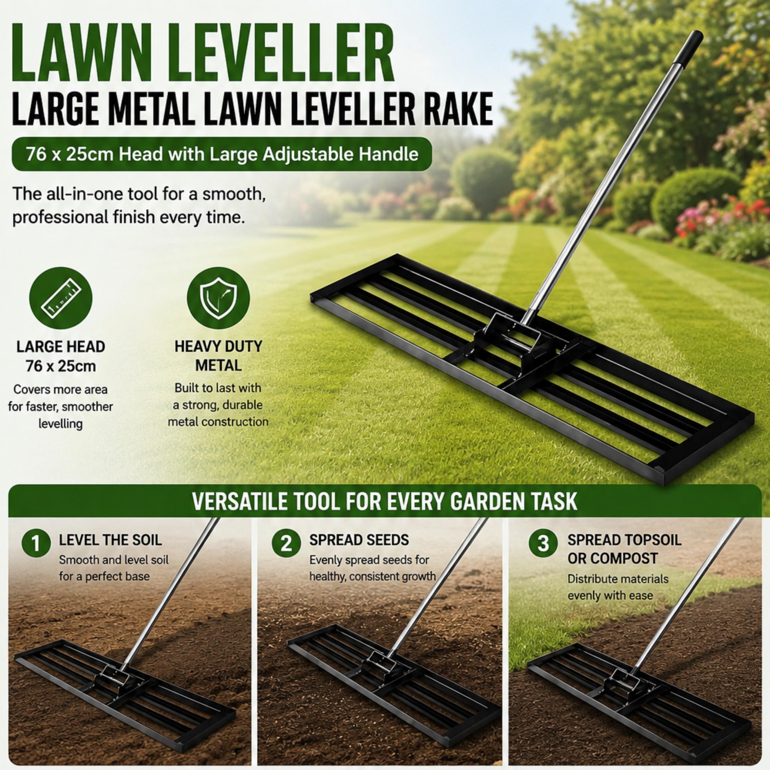 Grande rastrello livellatore per prato, strumento di livellamento del suolo per giardino, terriccio, strumento di classificazione per rinnovamento dell'erba resistente