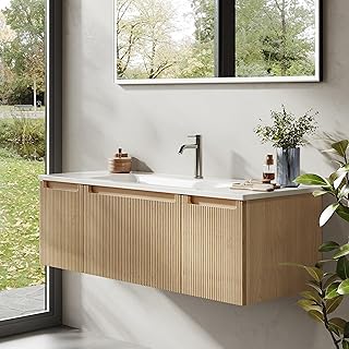 120 cm Wandwaschtisch Mit Mineralharzspüle, Schublade Und Tür, Ultradünn, Soft-Close, Gerippter Akzent, Geeignet Für Große Badezimmer, Golden Sand