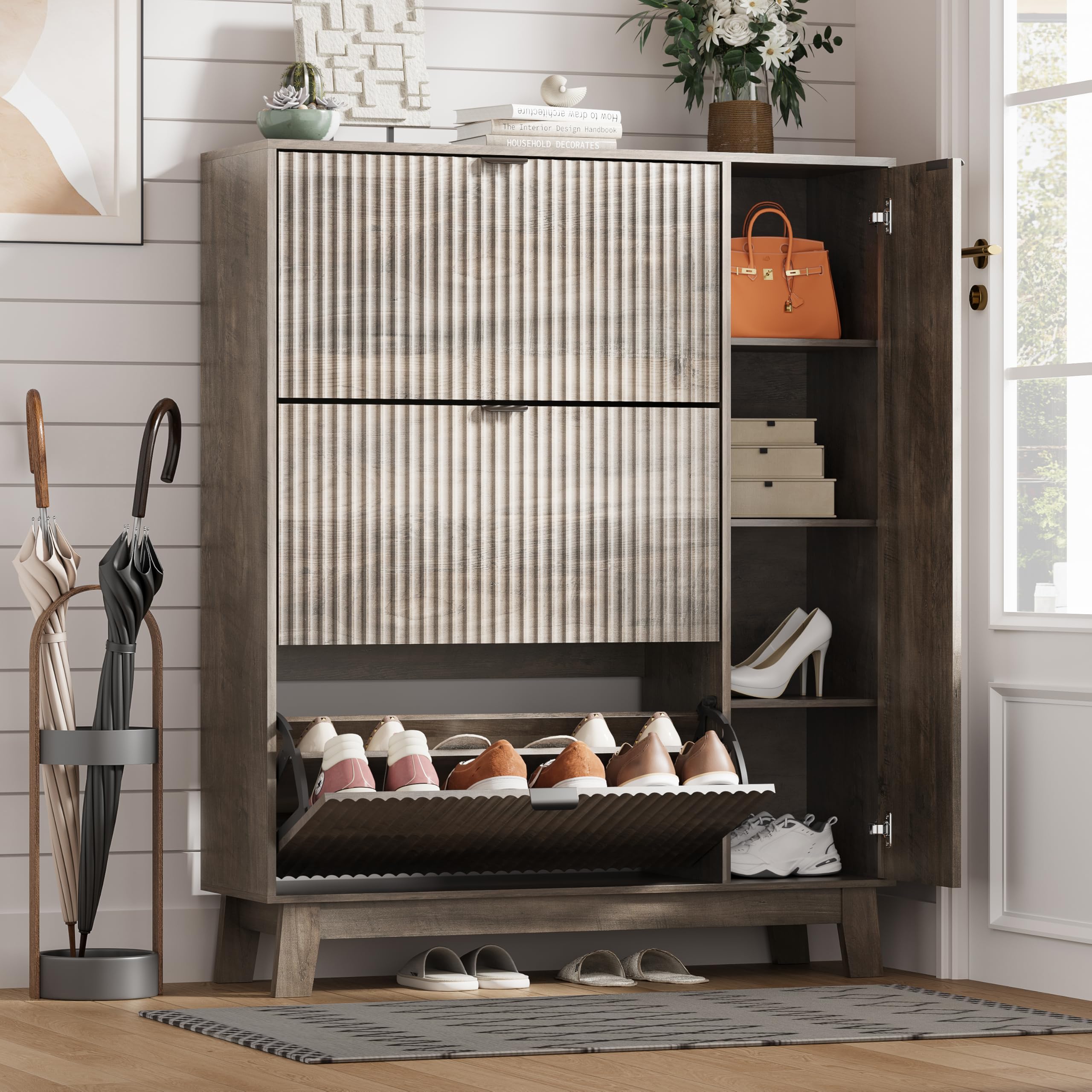 Shoe Cabinet Storage for Entryway with 3 Drawers &amp; Side Cabinet, Grey