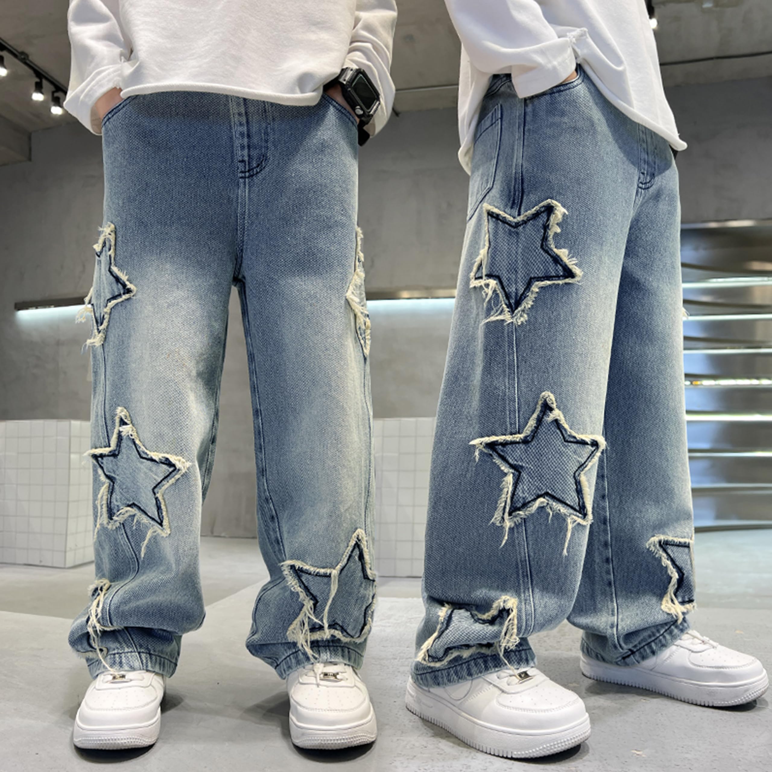 Rolanko Pantaloni Cargo Larghi per Ragazzi Jeans Bootleg Skater Elasticizzati in Vita con Tasche Multiple Pantaloni Denim Vintage Streetwear per Bambini