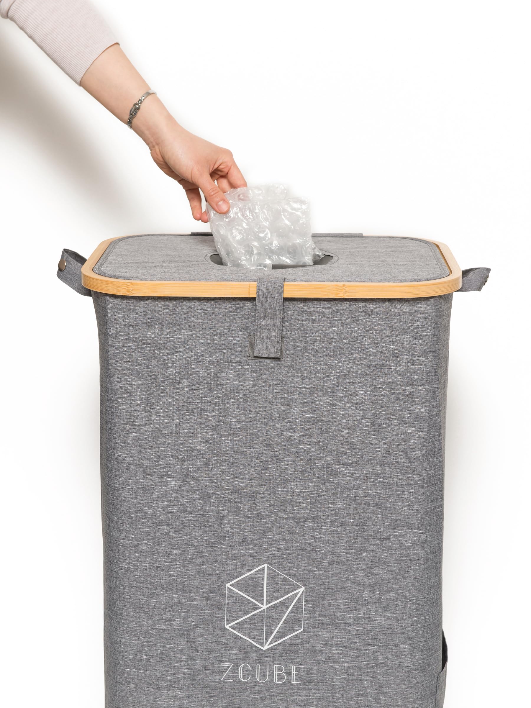 OE Zcube Plastic Film/Bag/Bottle Collection Bin, Grey Fabric with Bamboo Trim, Household Recycling Container,Reduce Landfill, 100L Capacity with 2 Inner Liners. Secure Lid for Compression.
