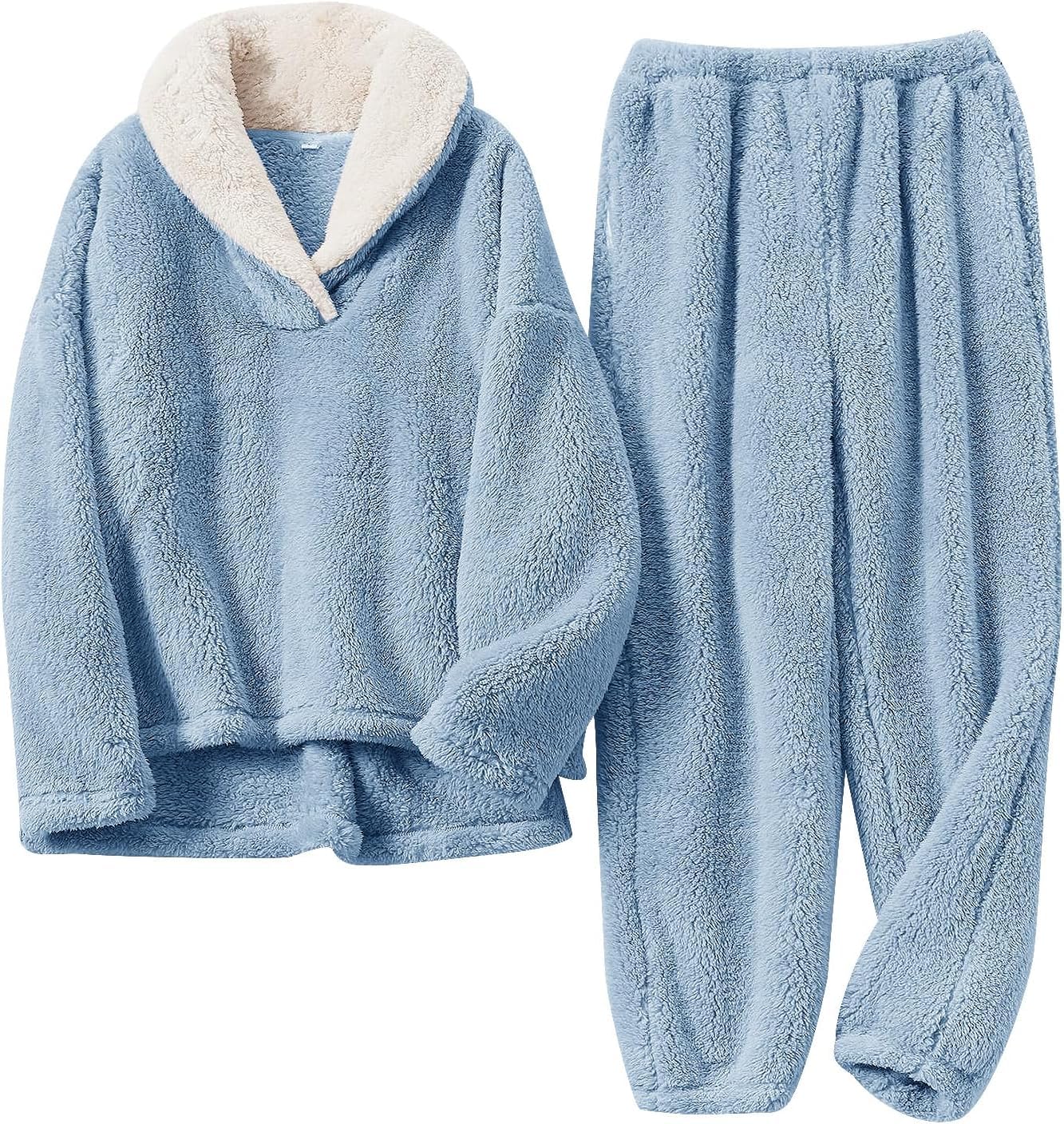 Famulily Conjunto de pijama de forro polar para mujer, cuello de chal, mullido, suave, acogedor, parte inferior esponjosa, ropa de dormir para invierno