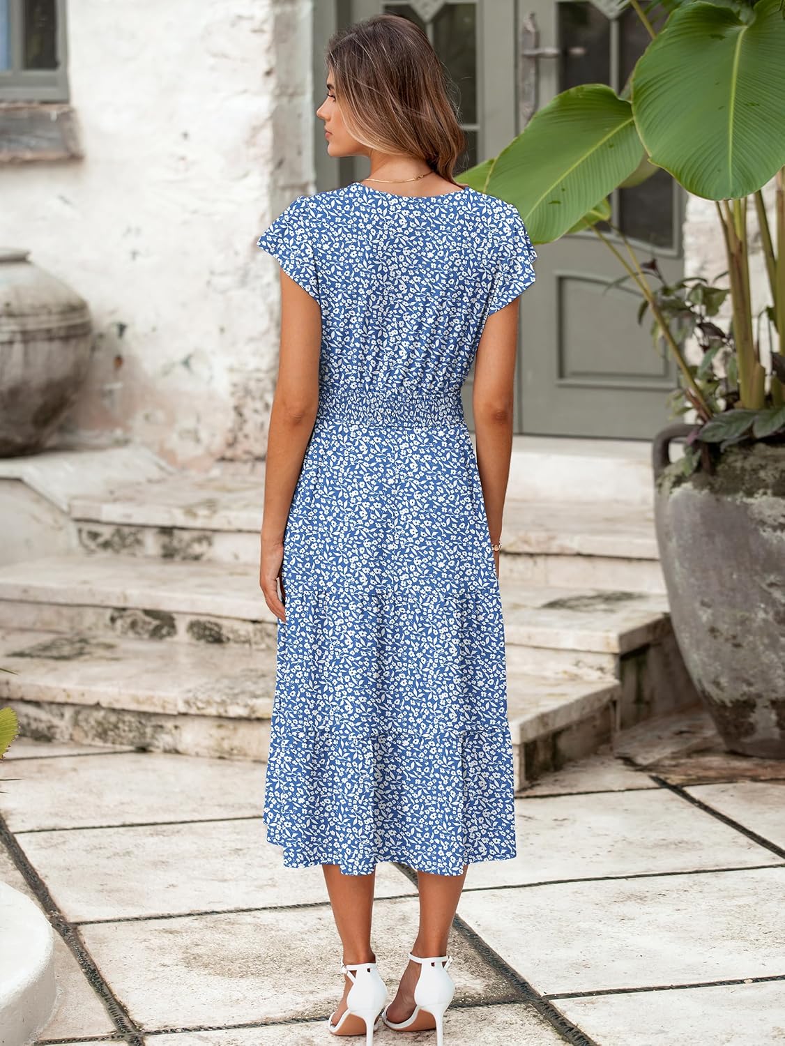 BerryGo Women's Floral Boho Ruffle Summer Midi Dress Short Sleeve V Neck Empire Waist Swing Flowy Dress - Image 6