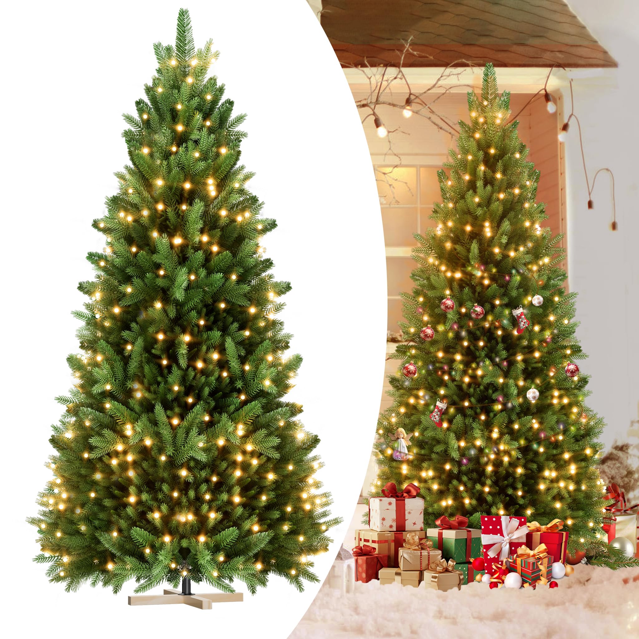 YRHome 225cm Weihnachtsbaum Künstlich aus PE und PVC mit stabilem Holzständer realistischer Tannenbaum künstlich Weihnachtsbaum mit LED-Beleuchtung für Festliche Dekoration Schnellaufbau Klappsystem
