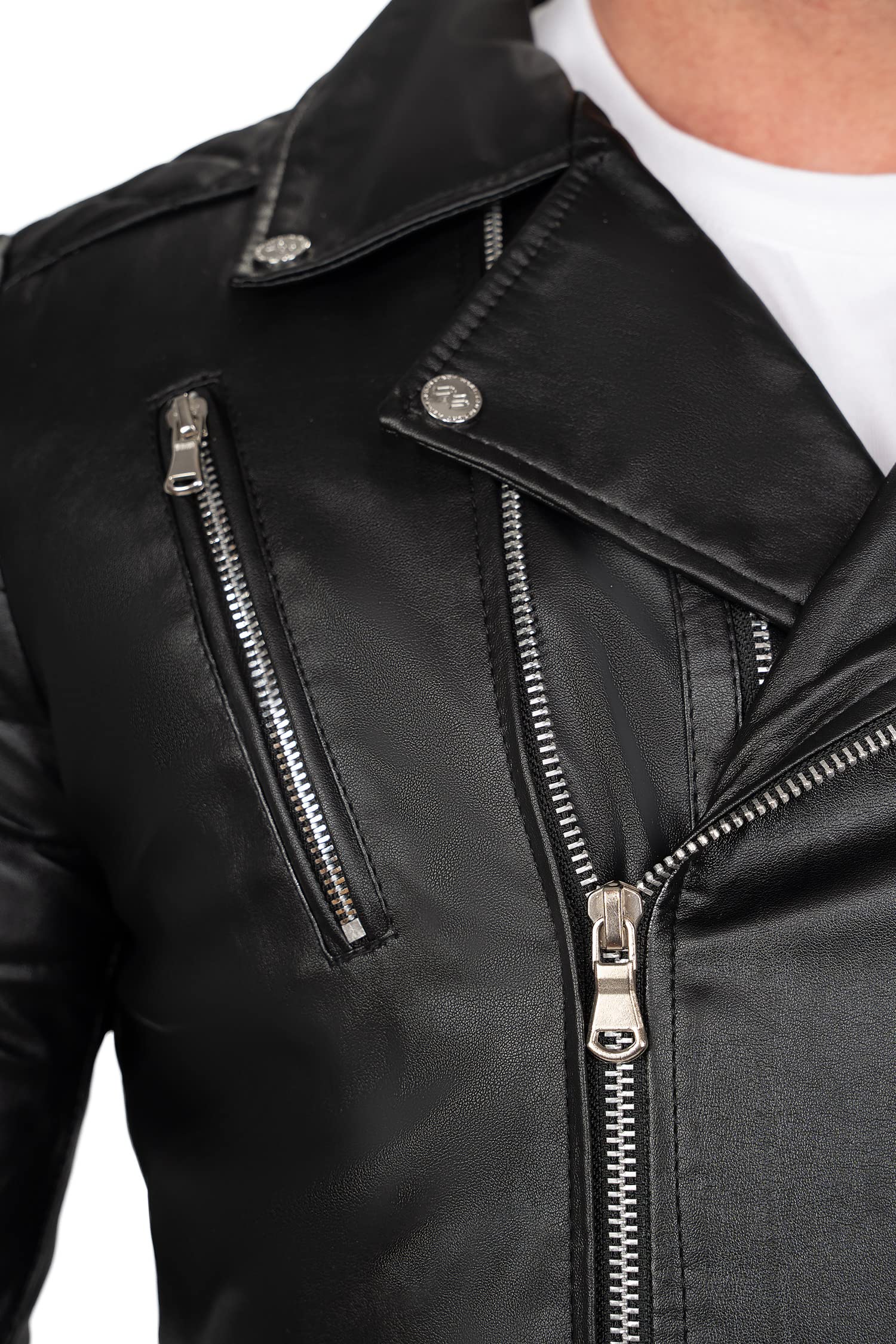 Reichstadt Chaqueta Hombre Cuero Sintético Biker Bomber Cuello Alto | Detalles con cremalleras, bolsillos laterales, forro interior, estilo urbano, entretiempo, paseo, ocio y uso diario
