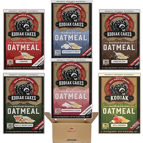 Kodiak Cakes - Paquete variado de avena - 36 paquetes en total 6 sabores arándanos y crema melocotones y crema azúcar morena de arce avena de canela