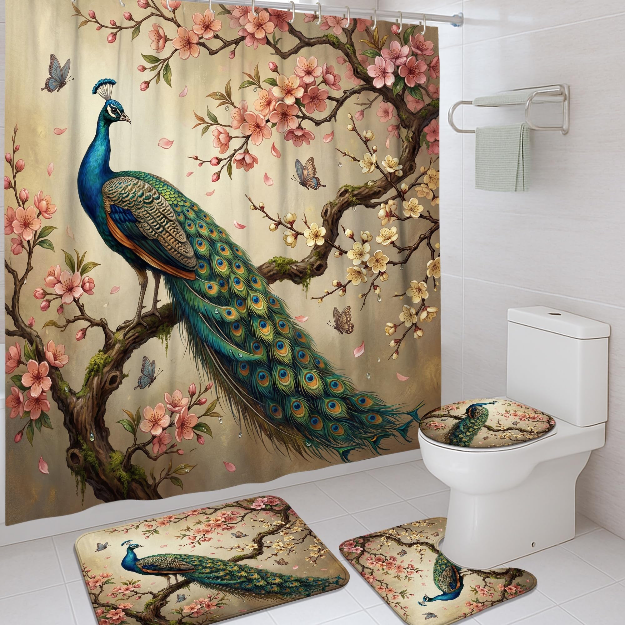Rideau de douche bleu paon 183x183 avec tapis lavable et crochets pour bain