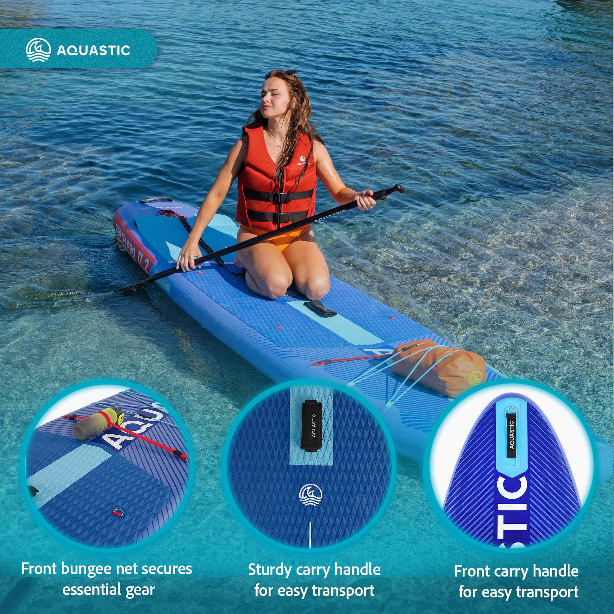 AQUASTIC Perth Pro 11'5.1 cm uniwersalna deska SUP Drop Stitch Lite, pianka 5 mm, zestaw z regulowanym wiosłem 2 w 1, statecznikiem wsuwanym, siedziskiem kajakowym, 2-drożną pompką i plecakiem do