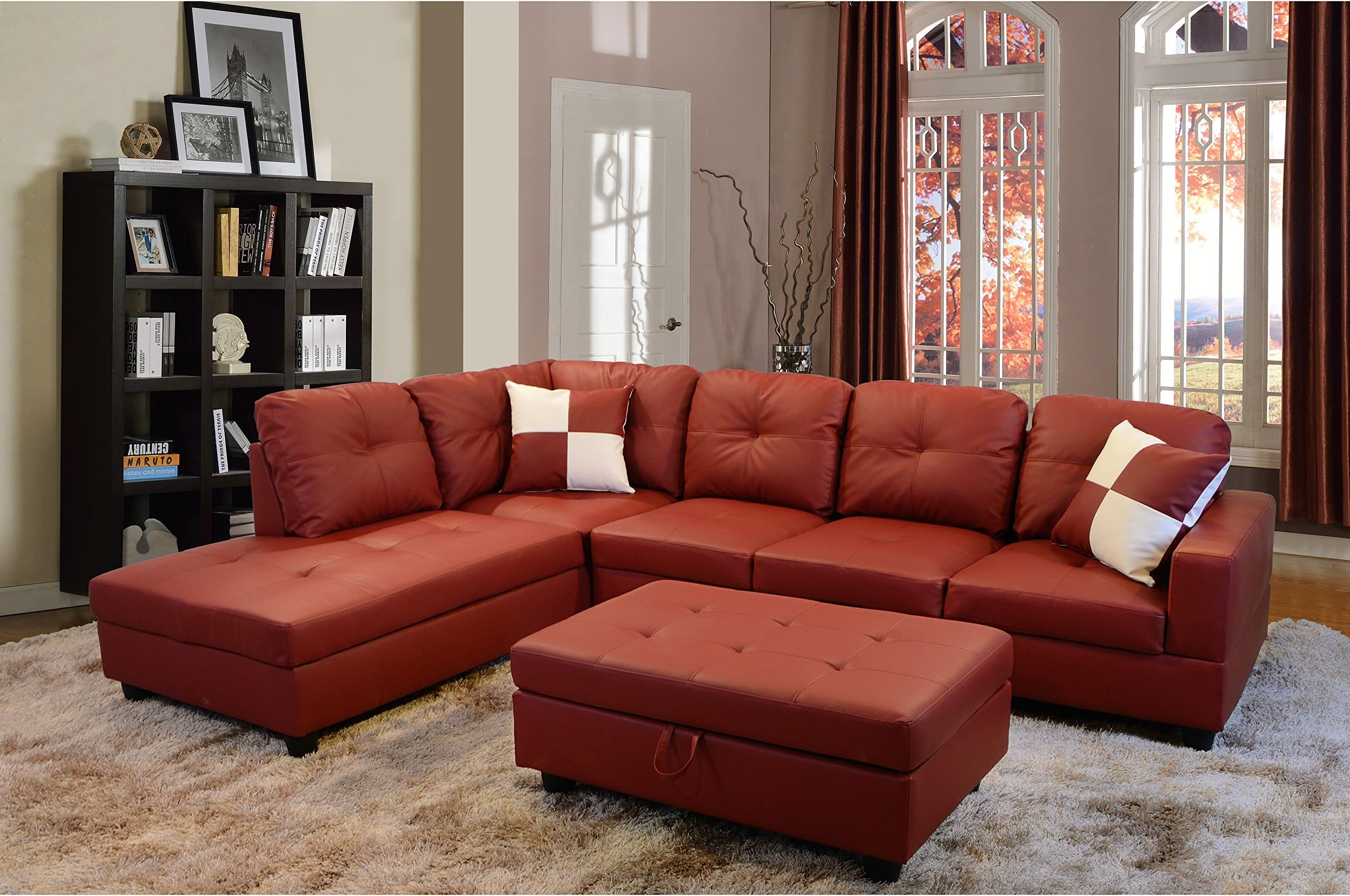 Beverly Furniture 3 Piece Faux Leather Right-Facing Sectional Sofa Set with Ottoman, Red, NA