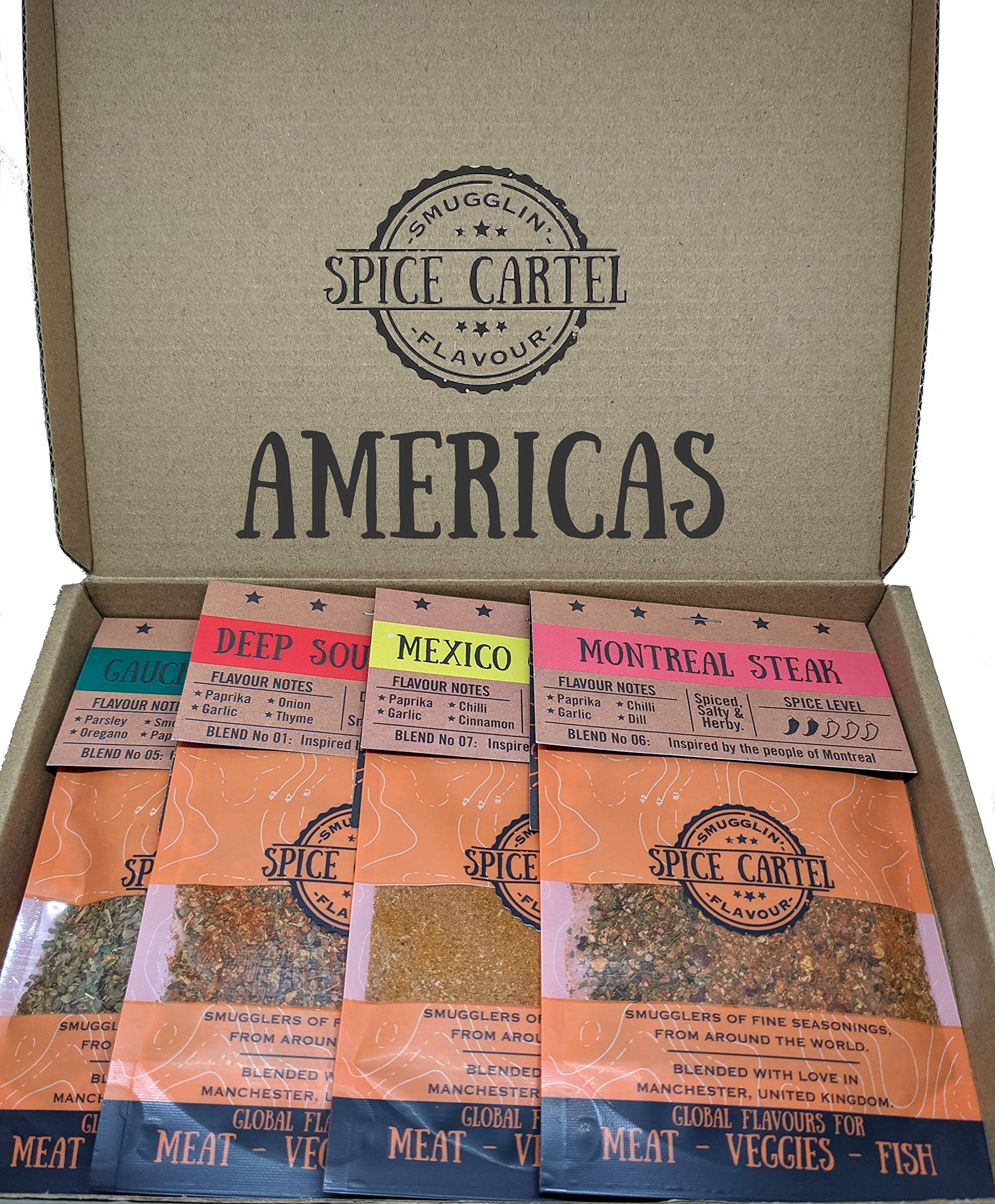 Spice Cartel's Americas Collection of Artisinal Herb & Spice Blends from North & South America. Hand Made with Love in The UK. Grilling Gifts For Dad. Cooking Gifts For Men.