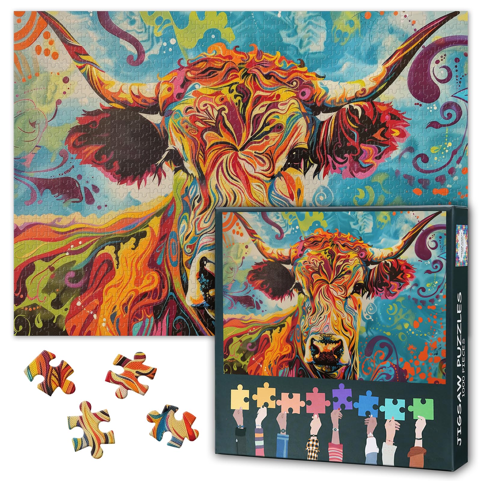 1000 Piece Jigsaw Puzzle for Adults Cow Art Abstract Animal Puzzle Swirling Colors Vibrant Home Decor Modern Art Puzzle Challenge 27.5x19.7 Inch — image 1