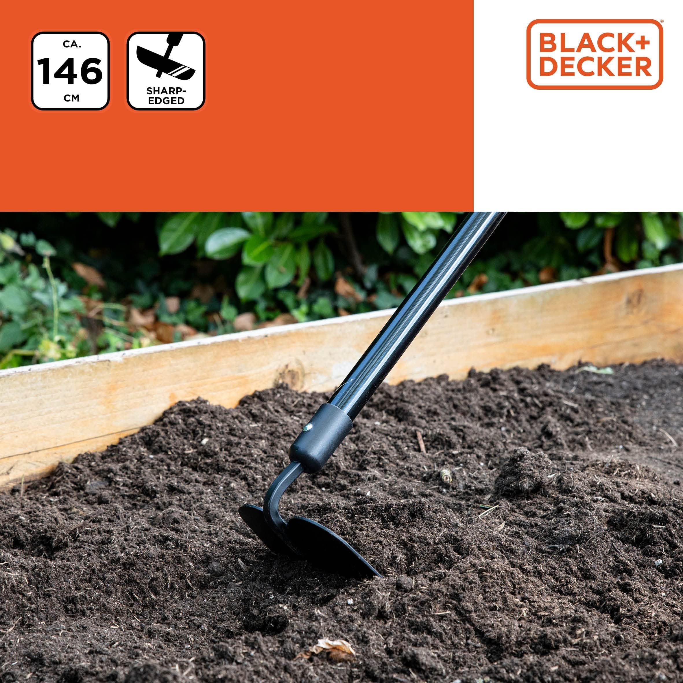 Black+Decker Motyka ogrodowa z trzonkiem – 146 x 16 x 14,5 cm – 990 g – motyka – pielenie chwastów i uprawa gleby – czarna/pomarańczowa