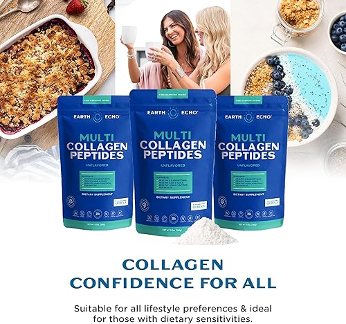 Miniatura 7 de Earth Echo Polvo de péptidos de colágeno múltiple, colágeno hidrolizado sin sabor con vitamina C y ácido hialurónico para la piel, las